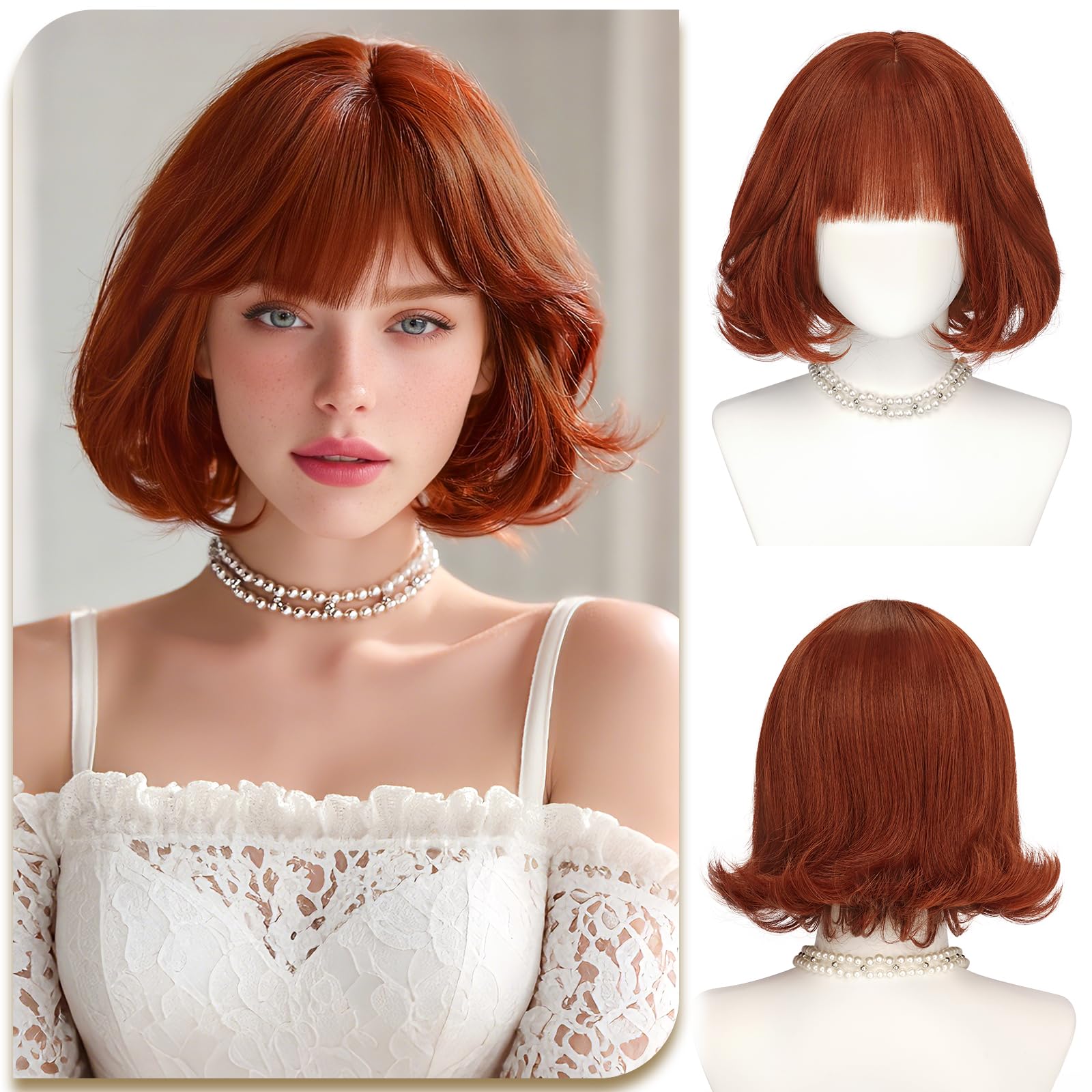 Short Bob Cherry Cola Red Wig with Bangs for Women, 12 Inch Layered Synthetic Wig Natural Looking Heat Resistant Wigs for Women Daily Wear Party Cosplay