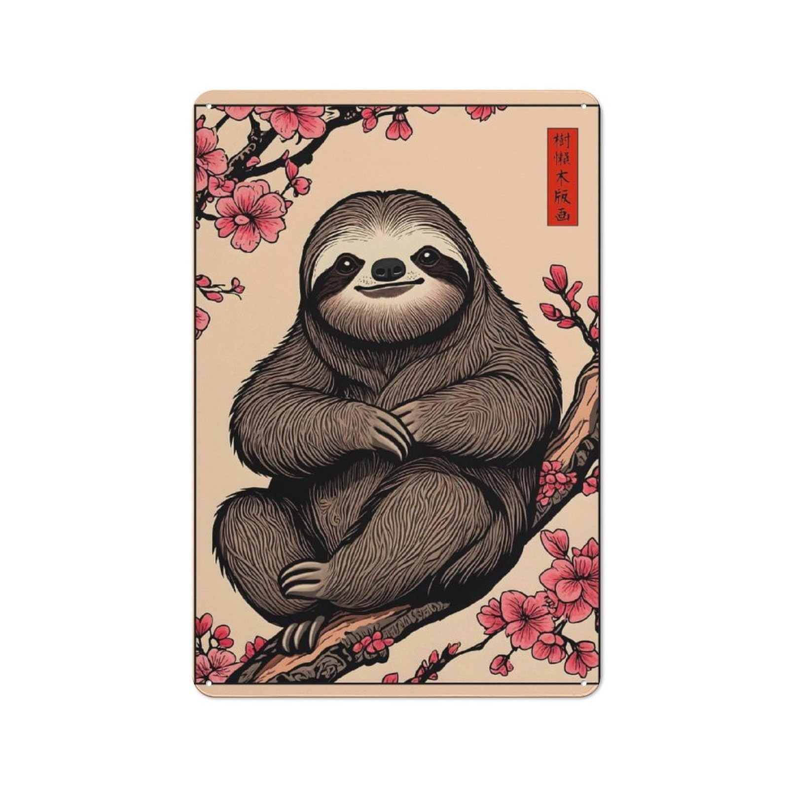 Vintage Cafe Metal Sign 30x20cm Featuring Sloth Japanese Cherry Blossom, Bistro Wall Plaque for Tea Room, Shop Wall Or Breakfast Area