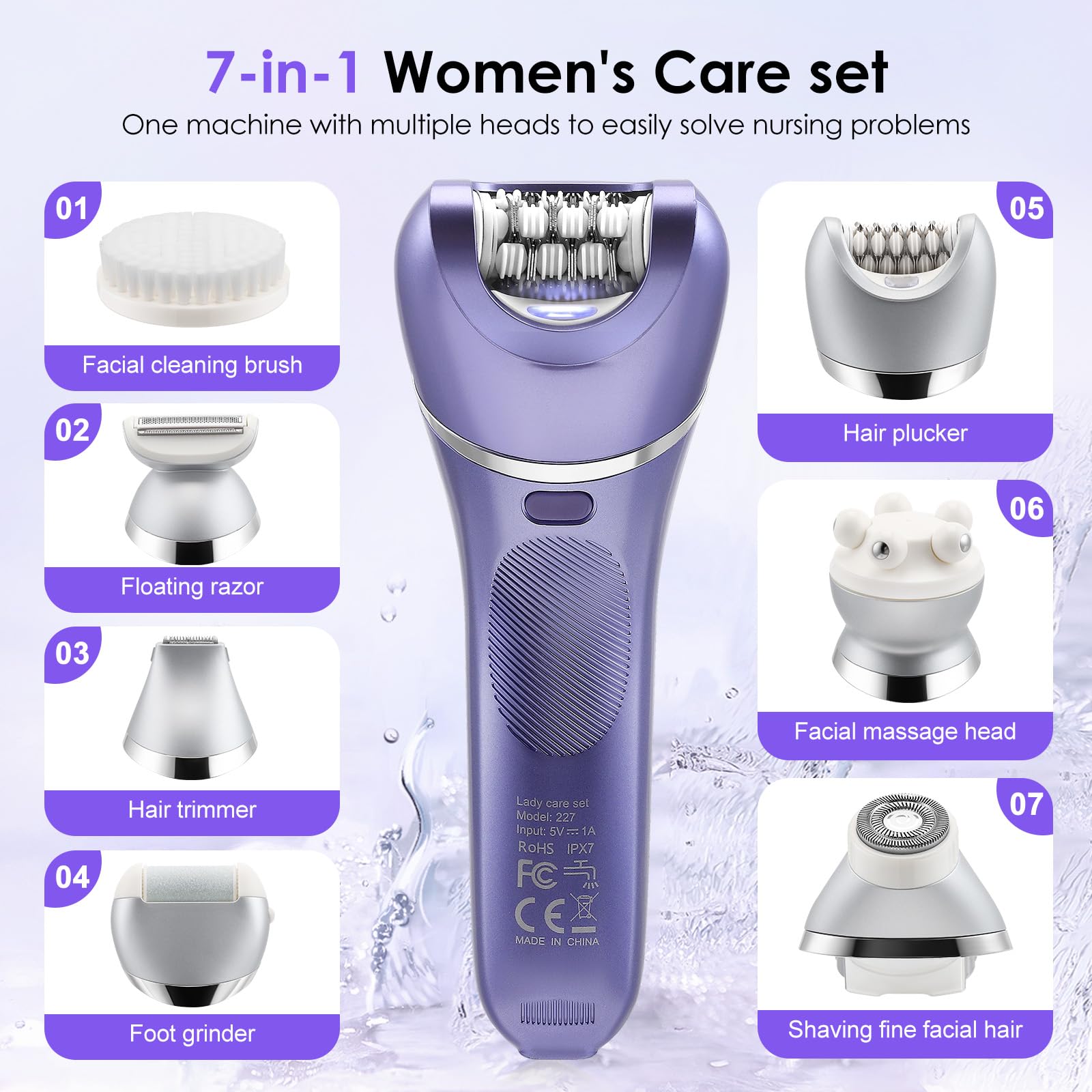 Set di epilatore 7 in 1 per donne, epilatore senza fili a umido e a secco con luce LED, epilatore per viso e corpo, impermeabile IPX7, autonomia 90 min