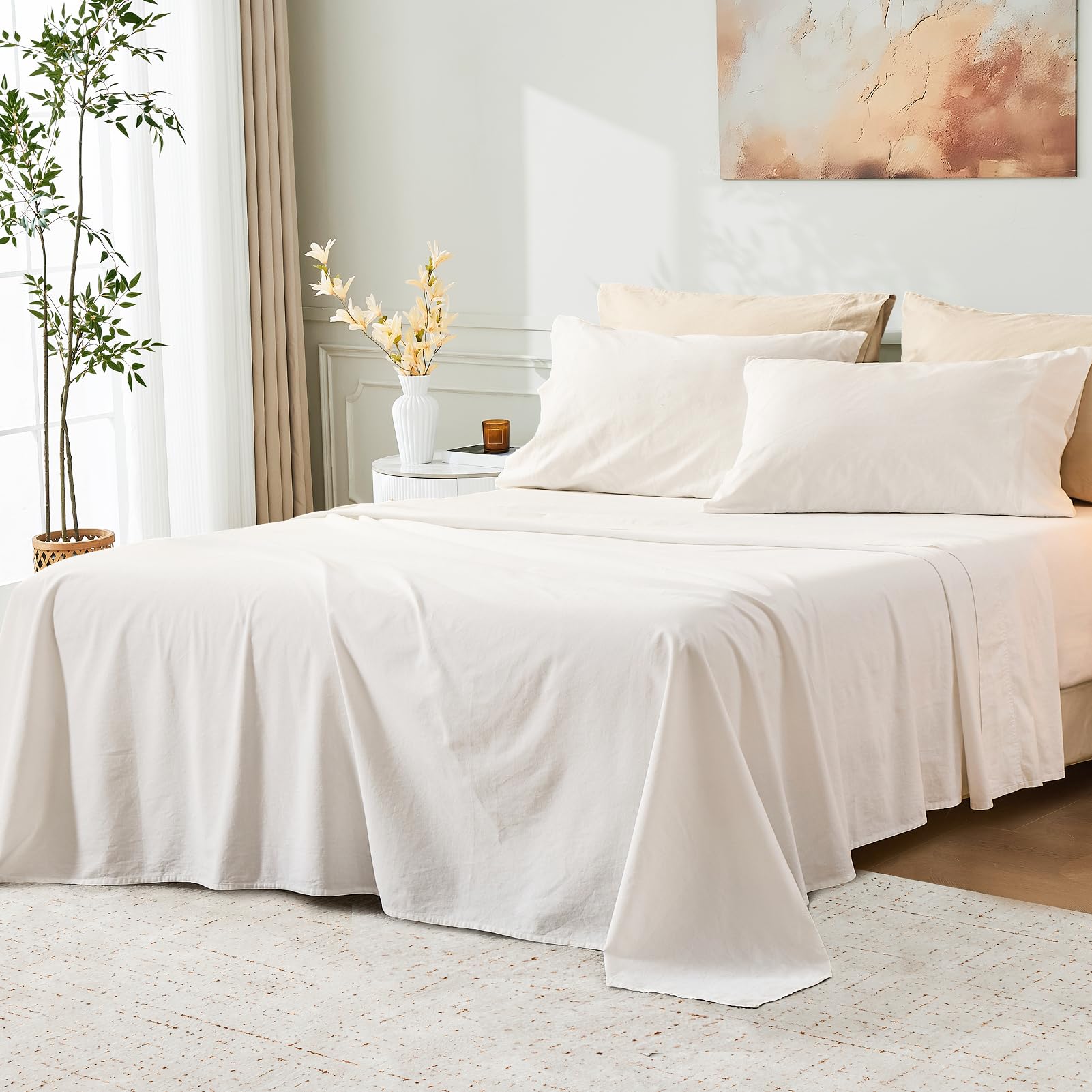 MEISHANG Stone Washed Linen Sheets Queen