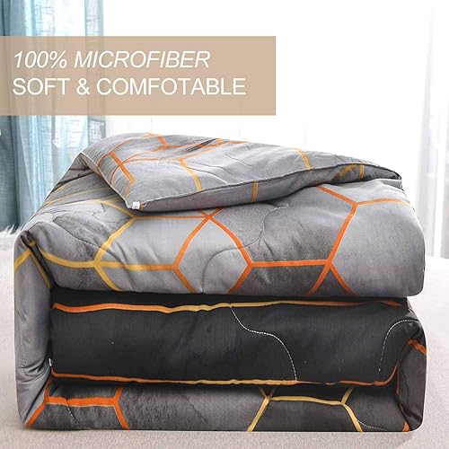 Miniatura 4 de Nanko Juego de edredón de tamaño Queen, color negro, gris, dorado, geométrico, suave, juego de cama moderno para mujeres, hombres y adolescentes, 88