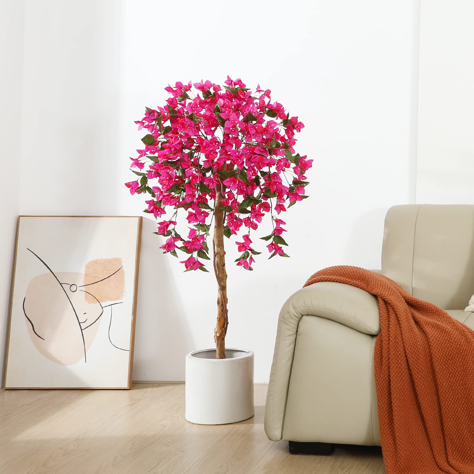 Fopamtri Kunstpflanze Kunstbaum mit Blüten 120 cm Künstliche Pflanzen im Topf Groß Rosa Fake Pflanzen für Indoor Outdoor Schlafzimmer Büro Garten Dekoration (2 Stück)