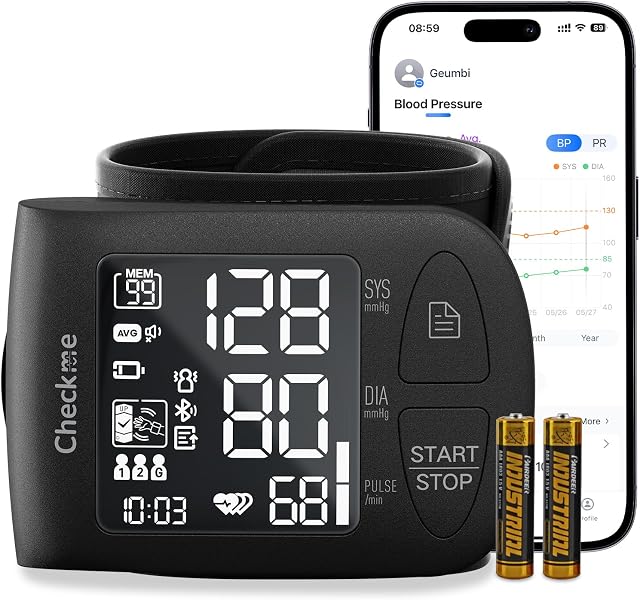 Checkme Machine de pression artérielle pour usage domestique, moniteur de pression sanguine Bluetooth, numérique LCD Affichage BP Moniteur avec diffusion vocale, Cuff de pression artérielle réglable 5,3-8.5 pouce, Compatible APP
