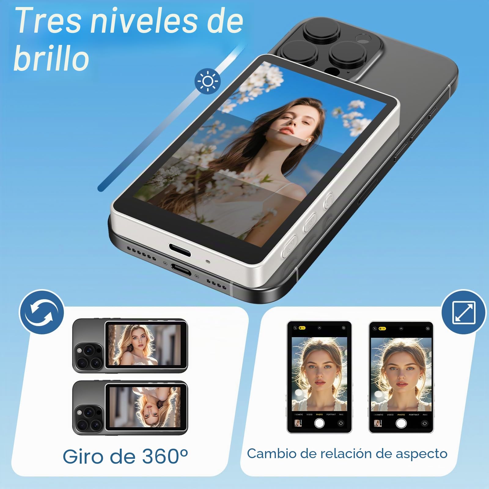 Monitor Selfie Magnético 4K para Cámara Trasera de Smartphone | Espejo para iPhone y Android, Control por Botón, Pantalla 4.02", Batería 3.5H, WiFi Dual, Carga USB-C Vlog Pantalla