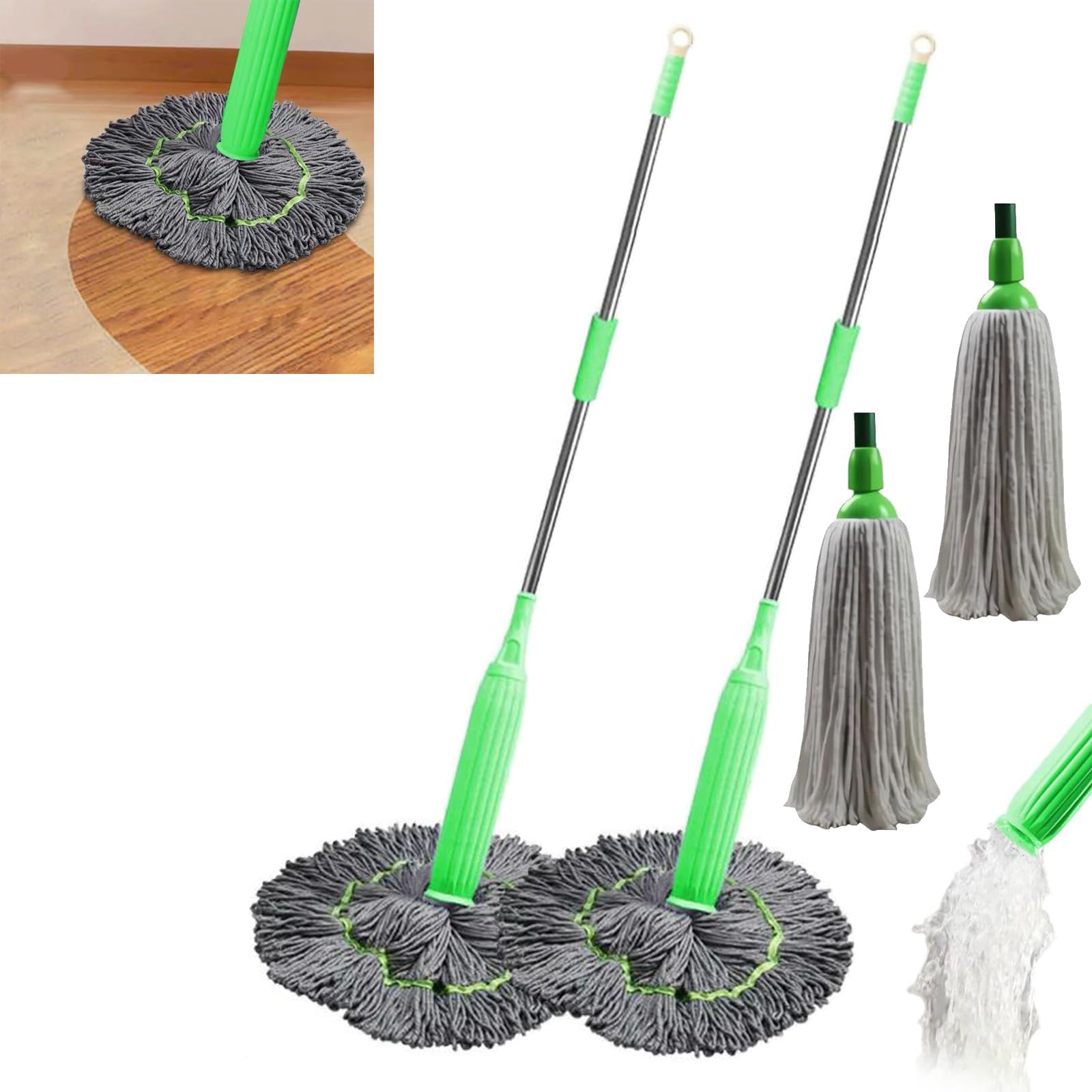 2 in 1 Dehydrated Mop, Self-Wringing Twist for Floor Cleaning, 360 Degree Spin Round Wall Cleaner, Microfiber Wet and Dry, Highly Absorbent Head (2pcs)