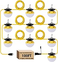 100FT IP65 Waterproof ETL LED Construction String Lights - 5000K Daylight 10 Bulbs, Linkable Job Site Work Lights with Hooks