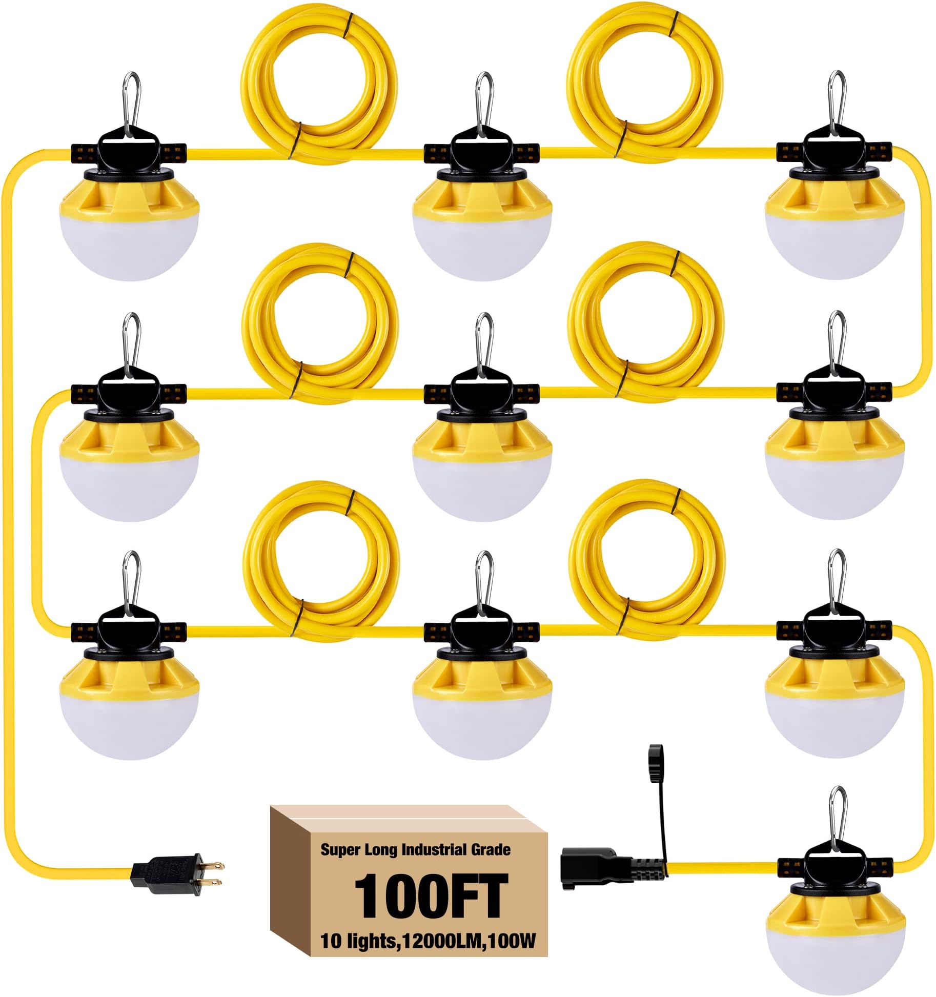 100FT Construction String Lights, IP65 Waterproof ETL Certified LED String Work Lights, 5000K Daylight 18AWG Wire Linkable Temporary Construction Lighting for Jobsite with 10 Bulbs & Hooks