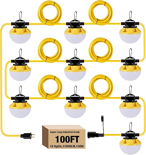Miniatura 8 de Cadena de luces de construcción de 100 pies con jaula protectora de 100 W, 12000 lúmenes, cadena de luces LED industriales, IP65, impermeable, súper