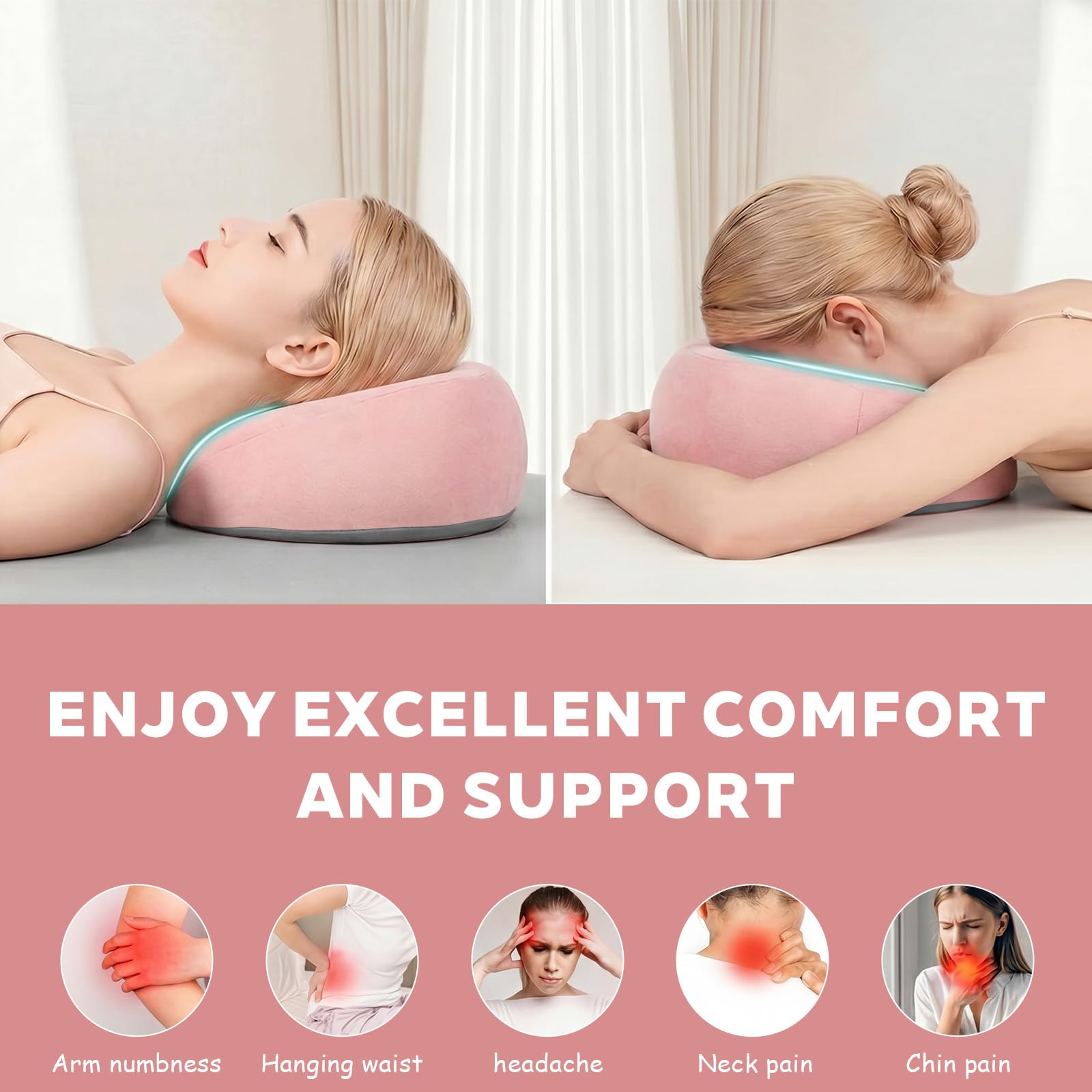 Almohada de Masaje Facial Boca Abajo con Agujero - Reposacabezas en Forma de U con Espuma Viscoelástica - Ideal para Camillas de Masaje, SPA, Salones de Belleza y Uso Doméstico（Rosa）