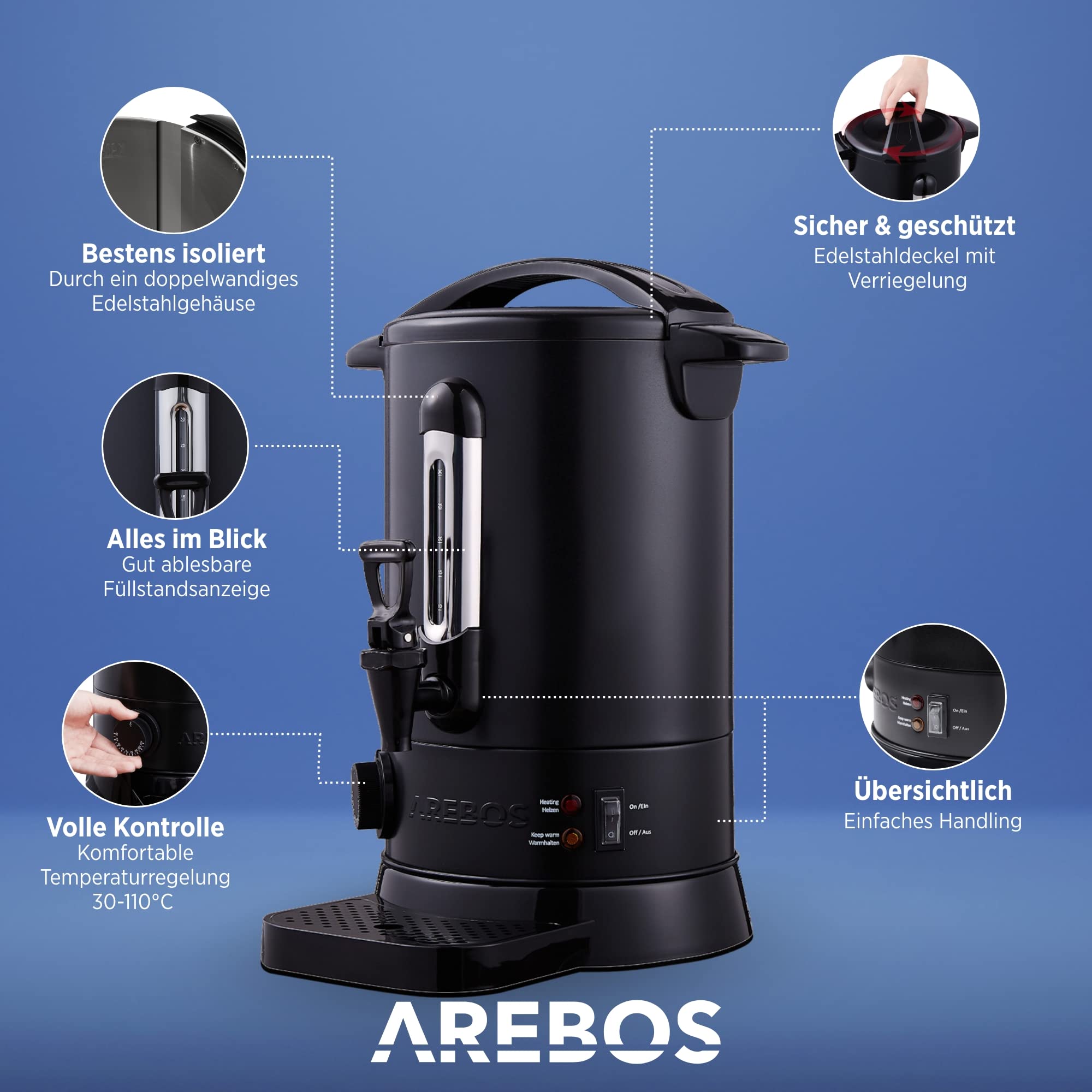 Arebos Glühweinkocher 950 W | Heißgetränkespender | 6,8 L | mit Auffangschale, Auslasshahn, Thermostat und Überhitzungsschutz | Temperatureinstellung von 30-110 °C | Schwarz
