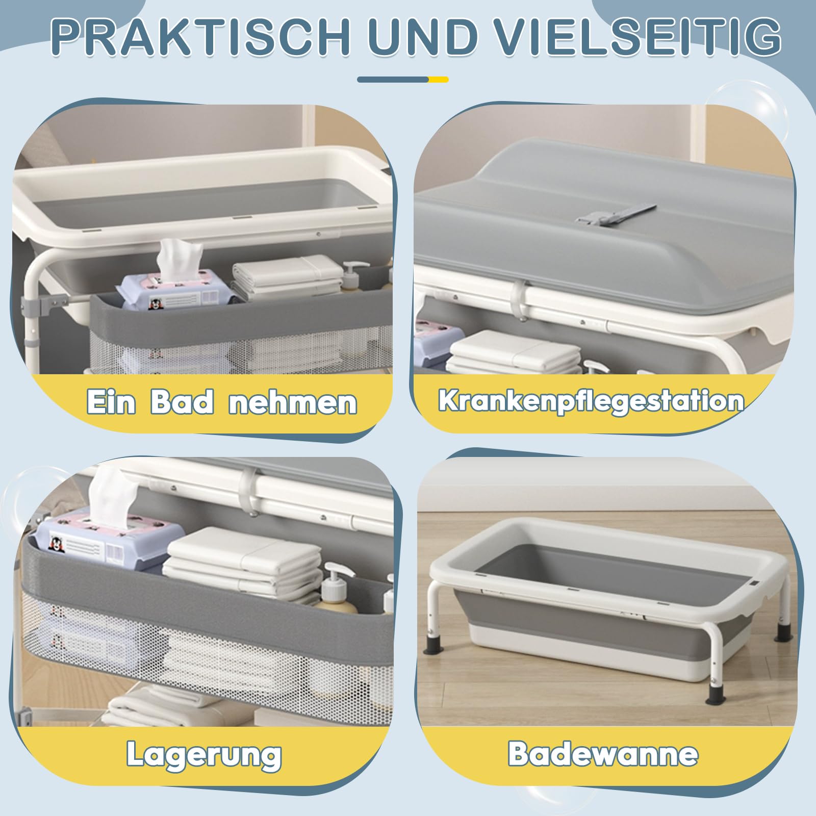 Wickeltisch für Babys mit Badewanne, mit 4 360° geräuschlosen Rädern, wasserdichter mobiler Wickeltisch mit Ablagekorb, klappbar, max. Belastbarkeit 50 kg, geeignet für 0-36 Monate
