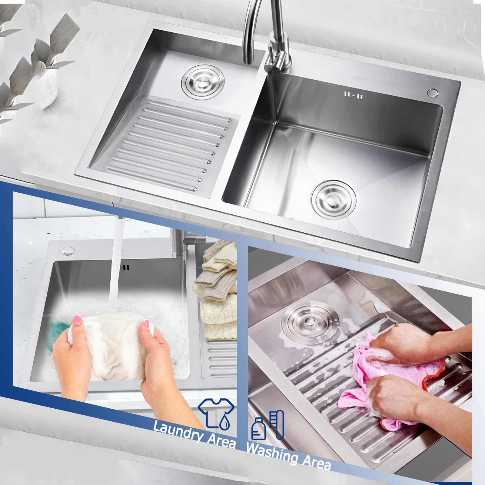 Fregadero De Acero Inoxidable SUS304 Con Tabla De Lavar – Lavadero Grande Para Lavandería, Garaje, Sótano Y Balcón – Montaje Empotrado – Con Kit De Drenaje(Left,60x48cm)