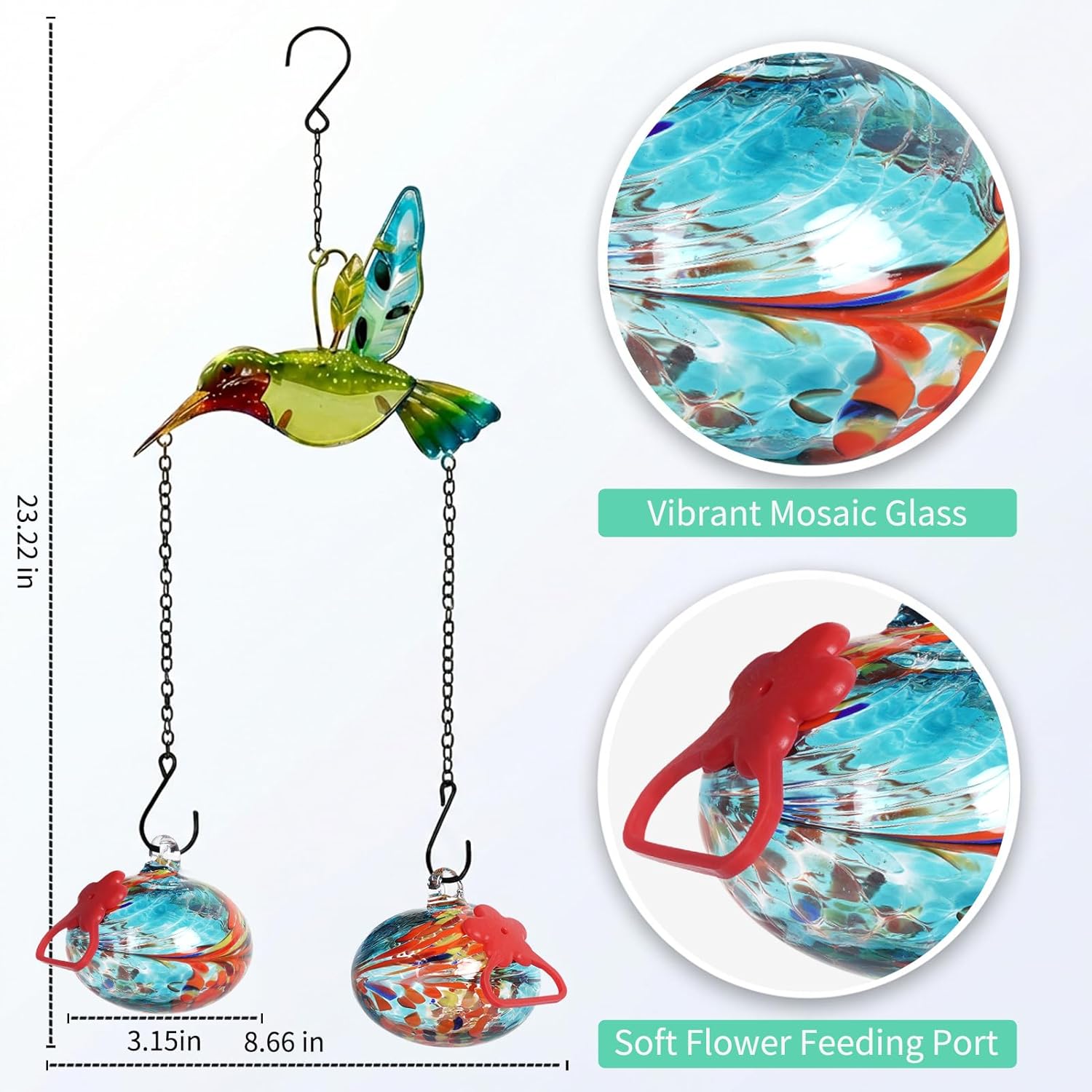 Headak Life Hand Blown Glass Hummingbird Feeder–Unique Hummingbird Feeders for Outdoors Hanging with Hummingbird Orament and Upgraded Sturdy Iron Chains,Hand-Painted Art for Garden Yard Decor