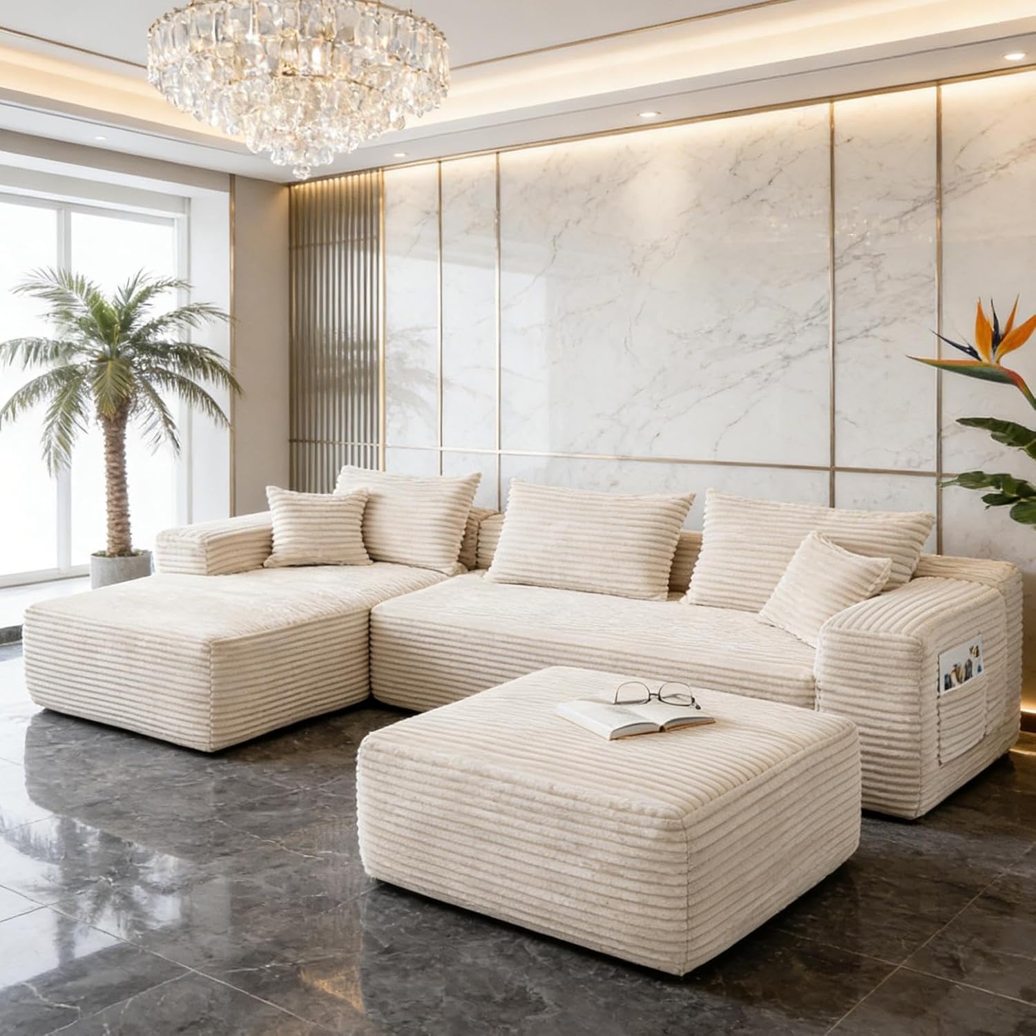 EVLIQUIL Modular Sectional Sofa Couch 103.5” & 37.0” Beige, L-Shaped Sectional Couches for Living Room with Ottoman, High Resilience Sponge & Spring Support Sofa Set (L Shaped Sofa+Ottoman)