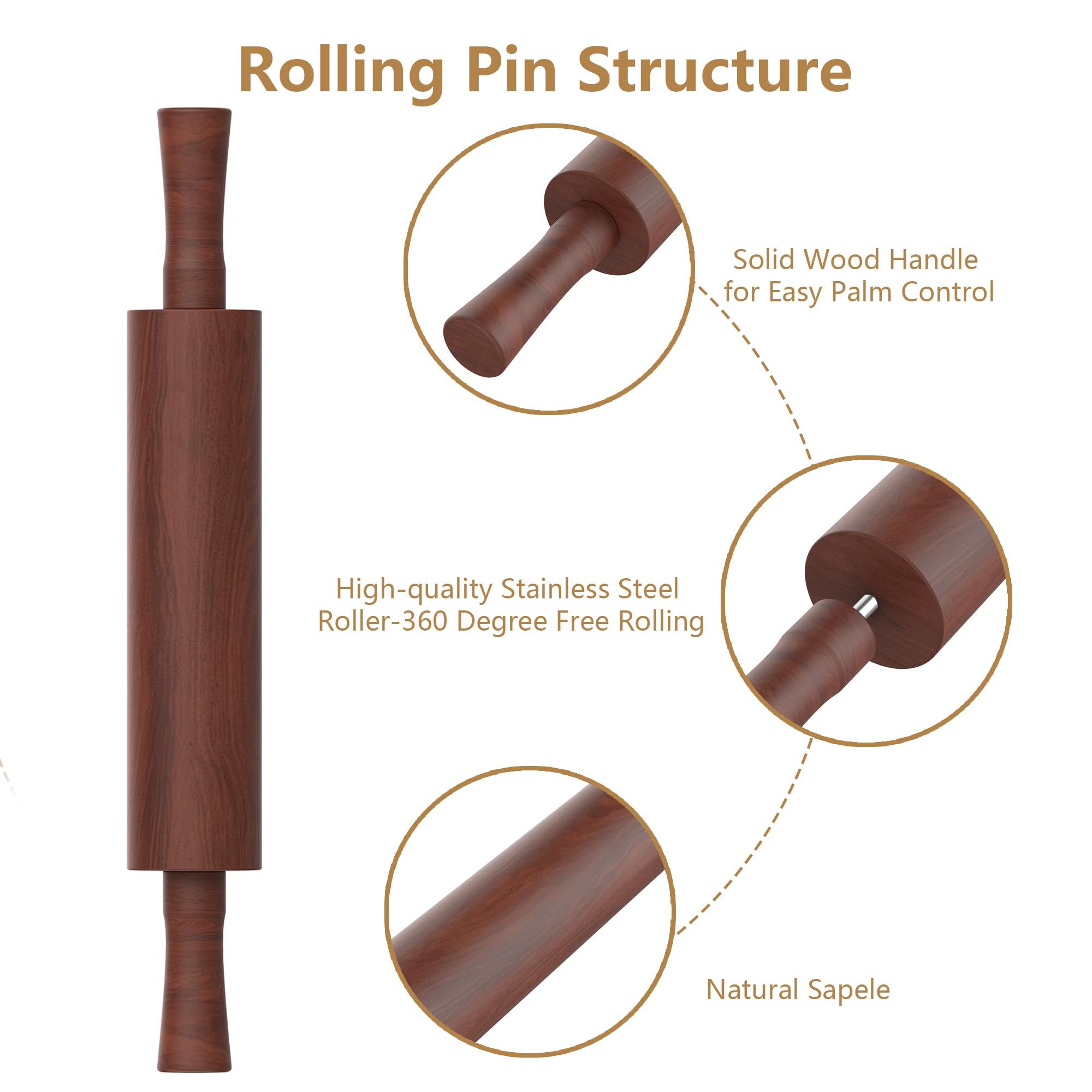 Rodillo de madera clásico con mango para fondant, pizza, pasteles, galletas, pasteles, rodillo para hornear con 3 anillos de grosor multicolor, 17 x 2.5 pulgadas (incluye asa)