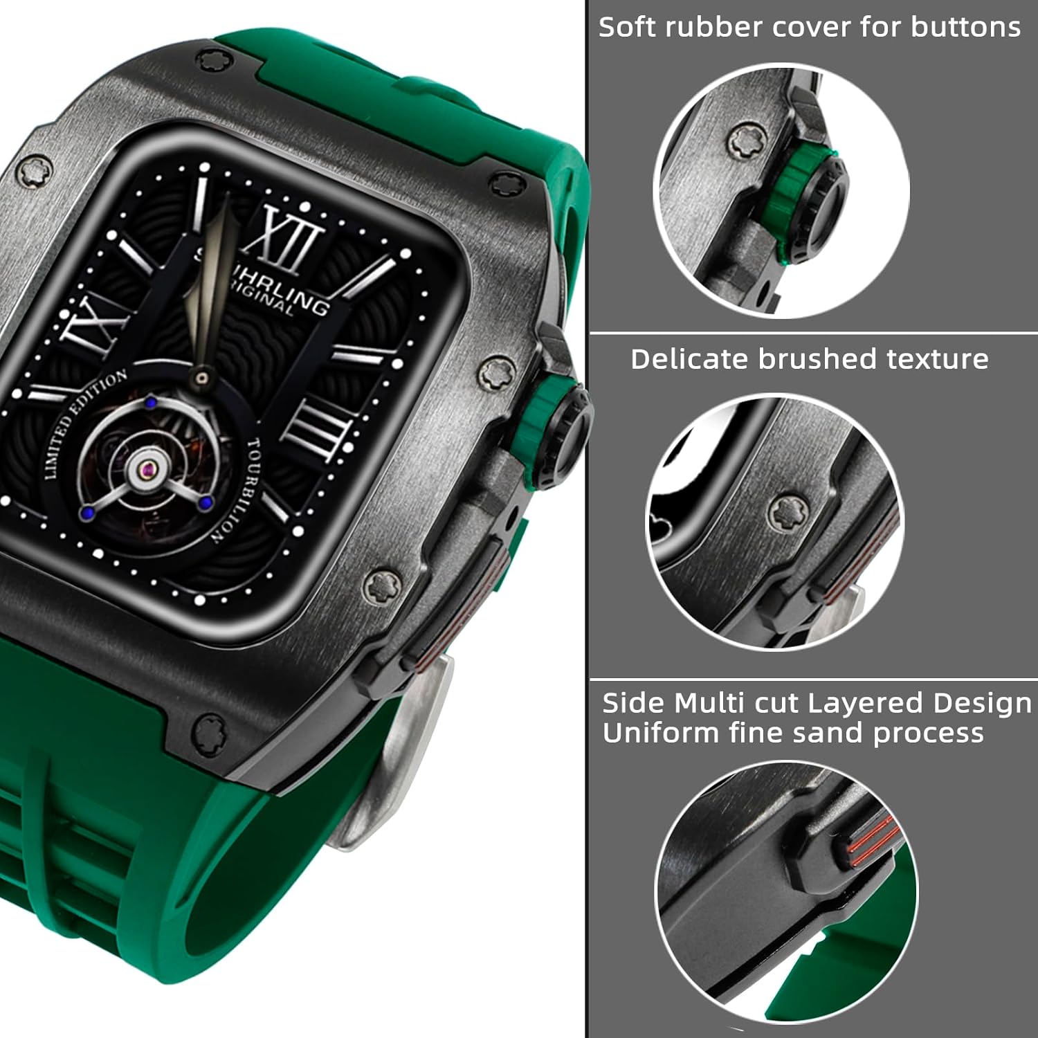 Refit Watch Bracelet Mod Kit For Apple Watch Series 8 7 45mm rubber strap Rm Style Metal Watch Case For Iwatch 6 SE 5 4 44mm Replacement Replacement Cover Strap Accessories (44/45 mm, Black