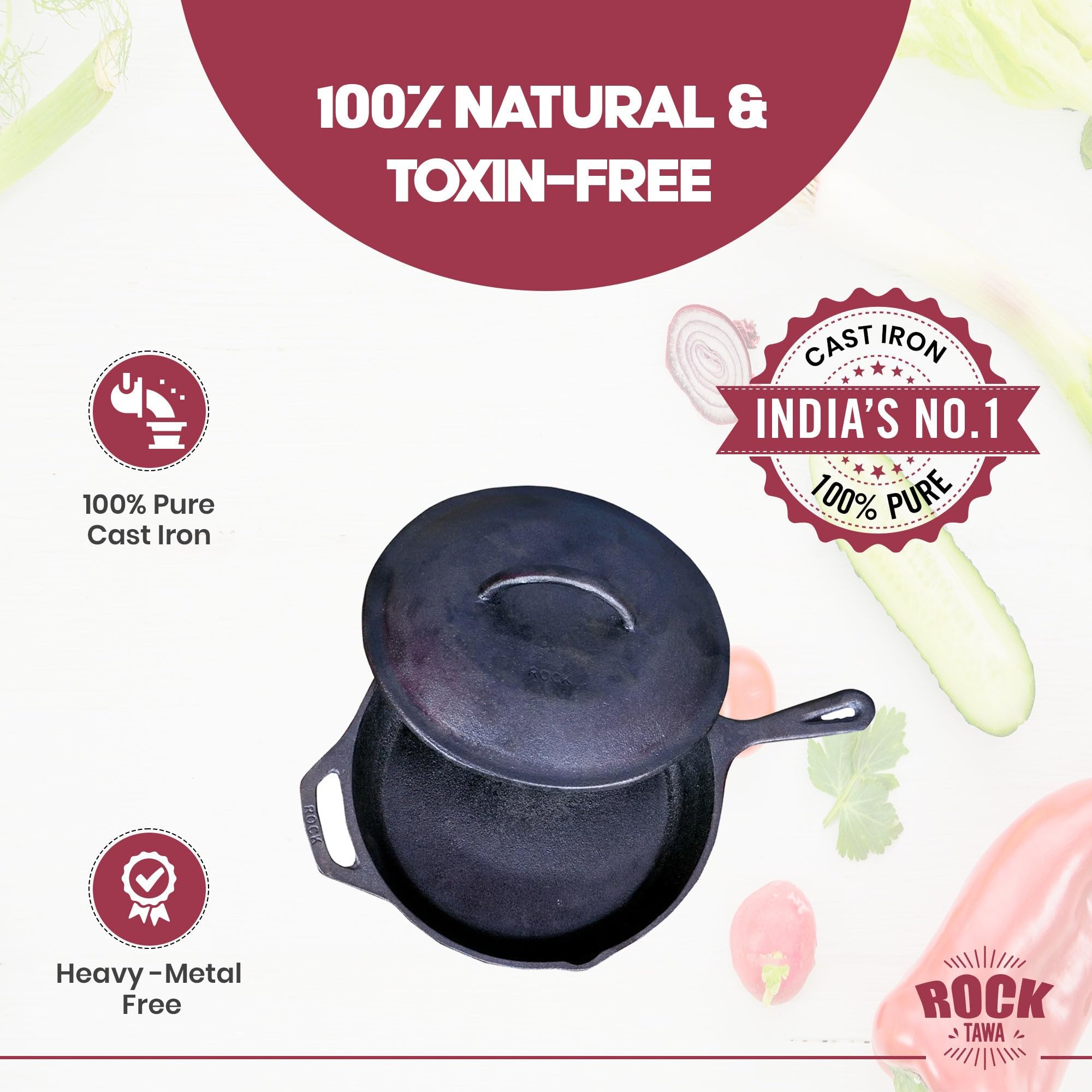 Rock Tawa Induction Base Cast Iron Tawa wit Lid, Black - Image 5 thumbnail