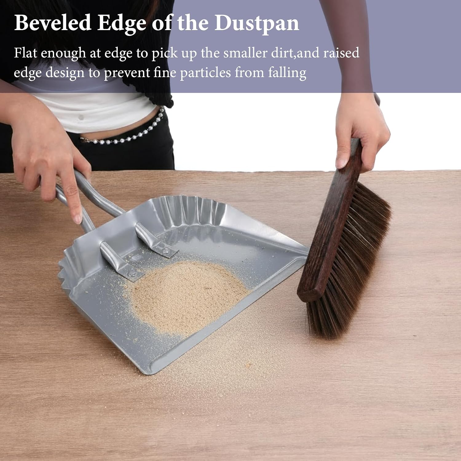2pcs Metal Dustpan and Brush Set, 12In Extra Large Handheld Dust Pan and Wood Broom,Heavy-Duty Dust Pans Metal Edge Flat Against Floor for Patio/Pet/Car/Outdoor