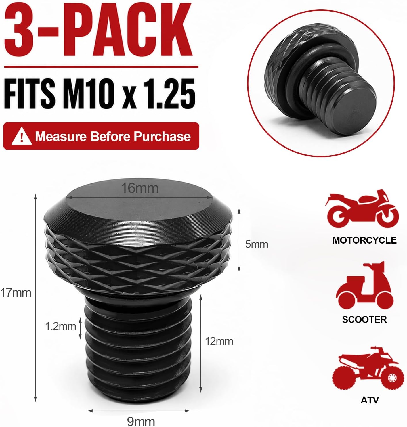 3 PCS M10x1.25 Motorcycle Mirror Hole Plug, Black image 2