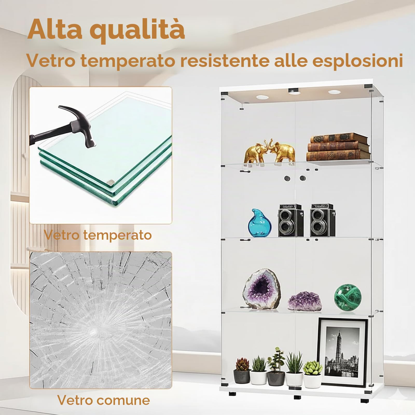 Vetrinetta con illuminazione LED, armadio espositivo bianco 164,5 x 80,6 x 36,5 cm, porte in vetro con serratura, vetrinetta a terra con 2 luci LED, vetro temperato di sicurezza da 5 mm