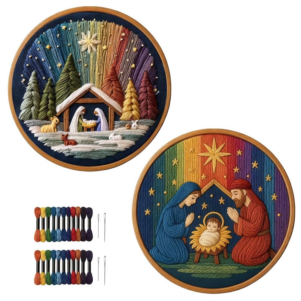 MiOYOOW 2PCS Christmas Embroidery Kits, DIY Xmas Handmade Nativity Embroidered Kits with Threads & Needles for Beginners