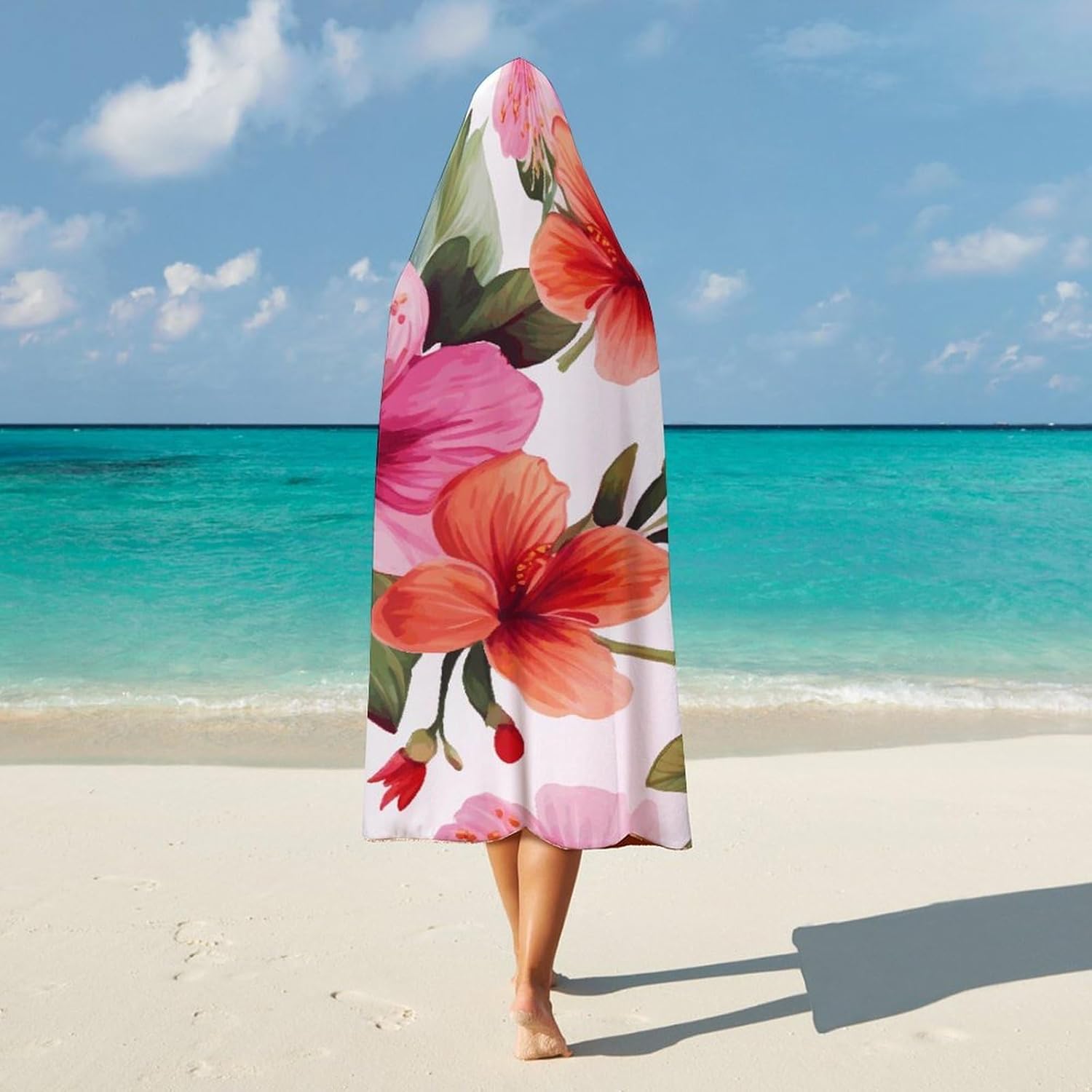 Hawaiian Flower Print1 Wearable Hooded Blanket, Ultra Soft Arctic Velvet Cape Cloak Unisex - Cozy Wearable Blanket