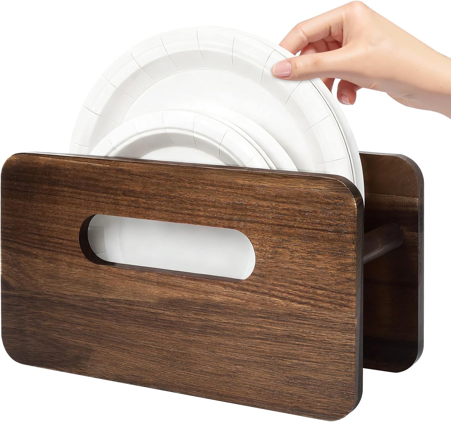 1 Pack Wood Paper Plate Organizer, Space-Saving Paper Plate Dispenser & Plate Storage for 7-12 Inch Disposable Plates, Cabinet Plate Organizer for Kitchen RV Camping (1 PACK)