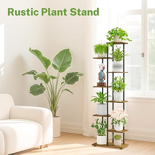 Miniatura 7 de iDavosic.ly Soporte alto para plantas de 7 niveles para interiores, estante esquinero escalonado de metal y madera para múltiples flores, estante de