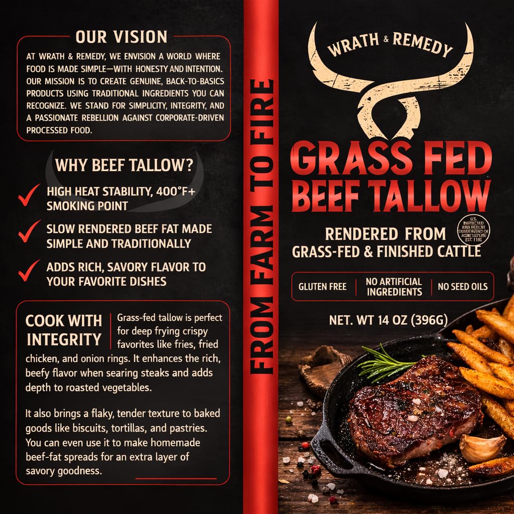 Beef Tallow for Cooking (14 oz) — US-Made, 100% Grass-Fed and Finished Beef Fat, Rich Flavor — Pure Beef Tallow for Deep Frying, Searing, Baking — Keto, Paleo, Carnivore Friendly- No Additives