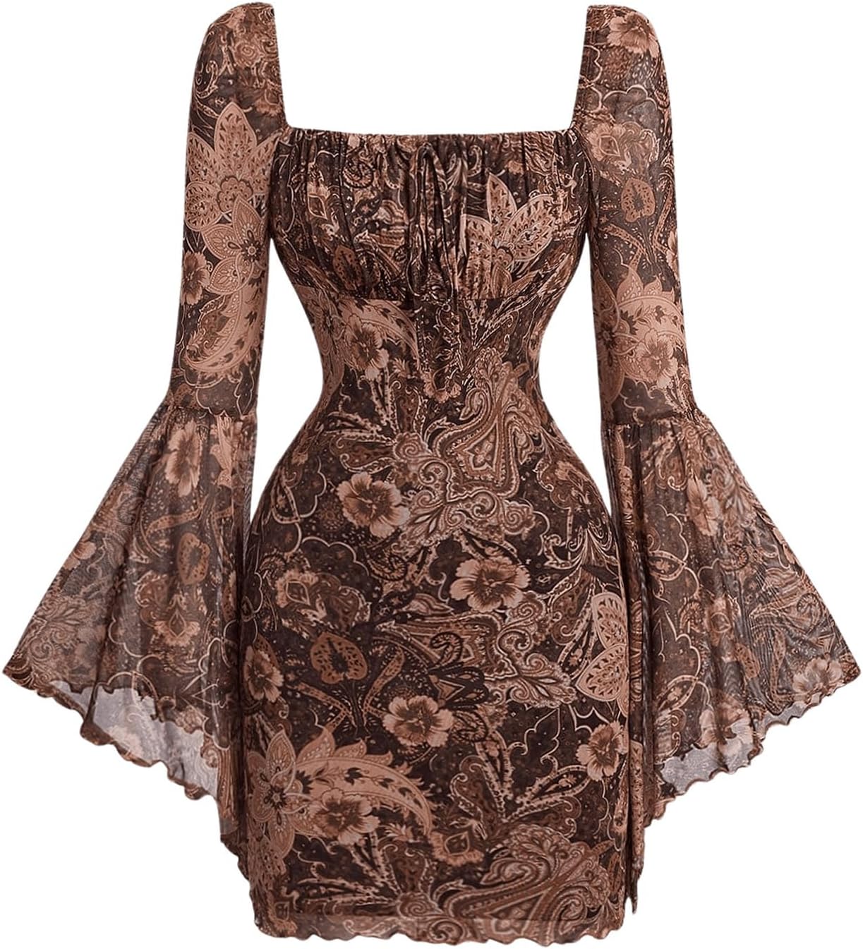 Milumia Women's Paisley Print Square Neck Bell Long Sleeve Dress Vintage Bodycon Mini Dresses