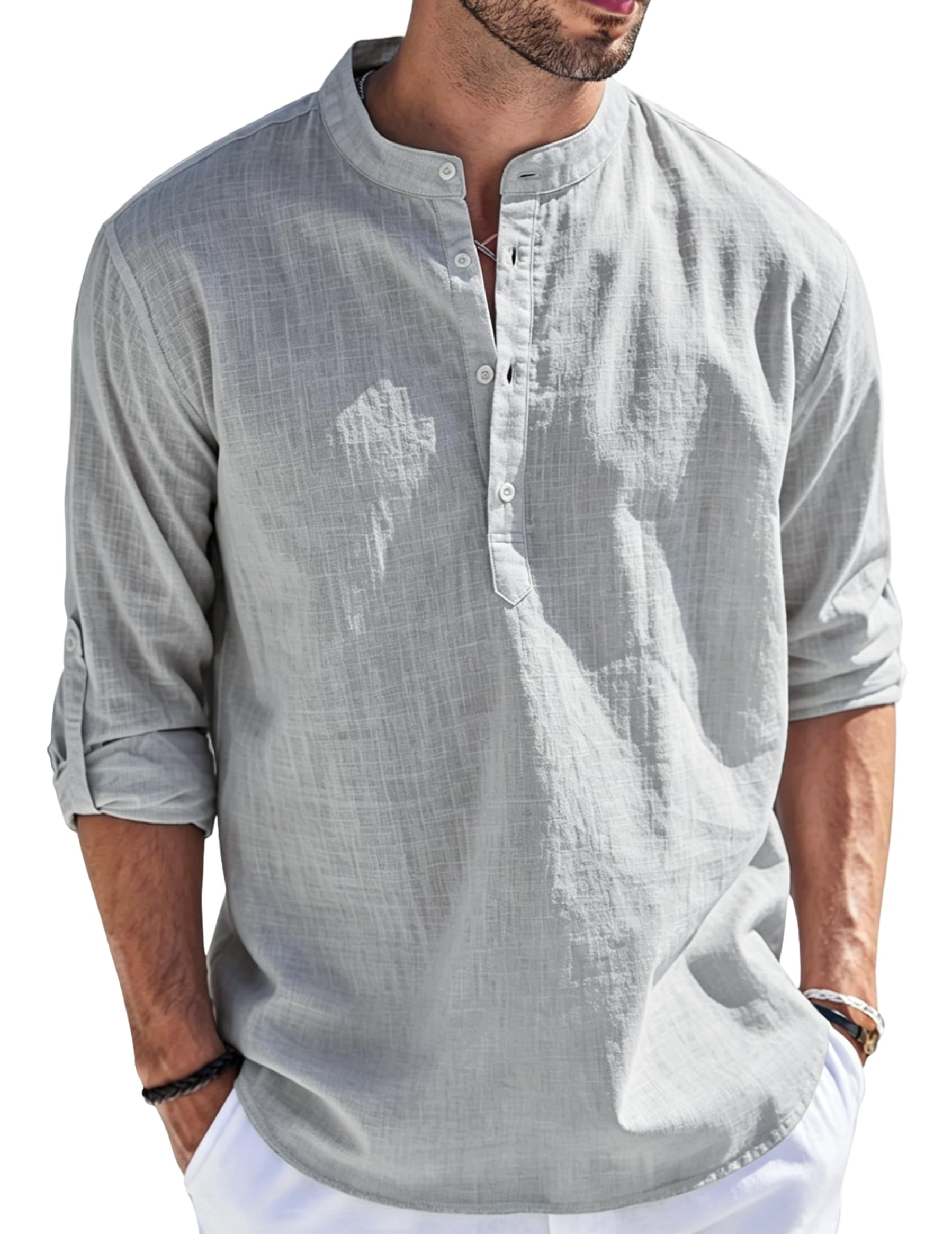 Cegerne Camicia Lino Uomo Maniche Lunghe Estiva Leggera Traspirante Henley Casual Maglietta Casacca Vacanze Spiaggia