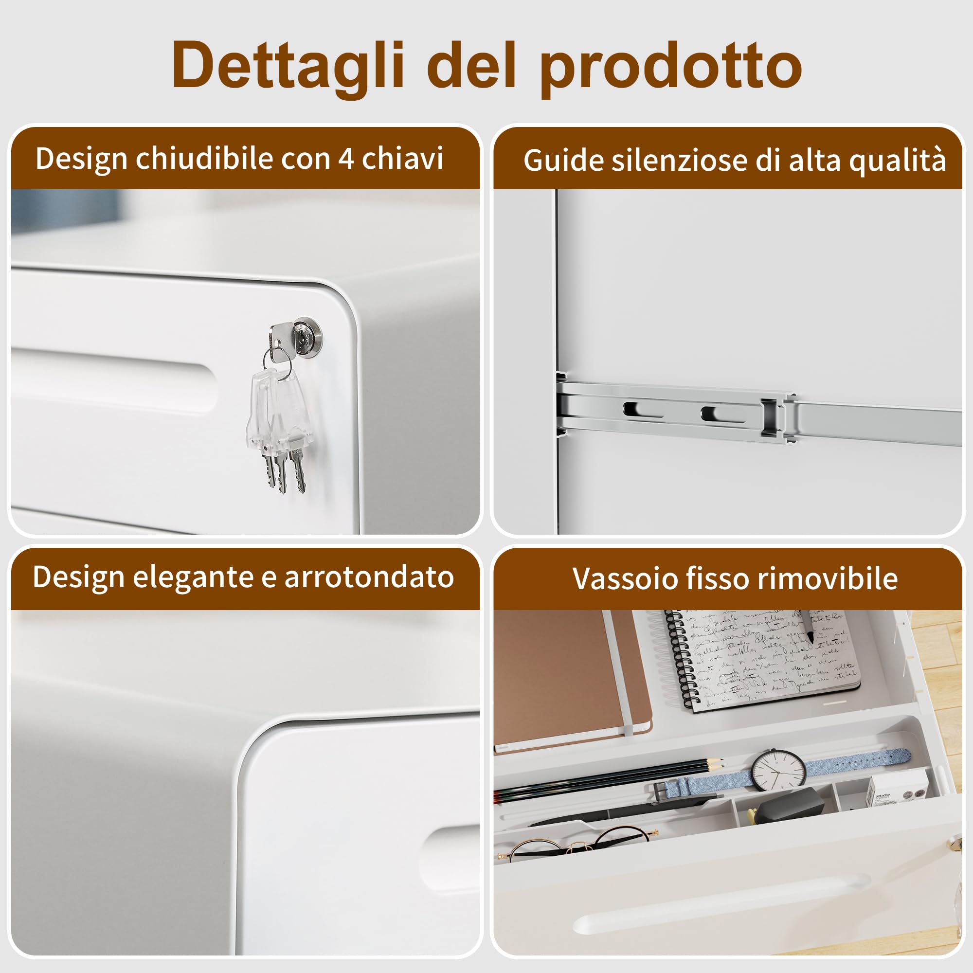 Cassettiera Scrivania Mobile, Cassettiera con Serratura, 4 Chiavi, 3 Cassetti, in Acciaio, Angoli Arrotondati, Preassemblato, 46P x 40l x 50H cm, Bianco