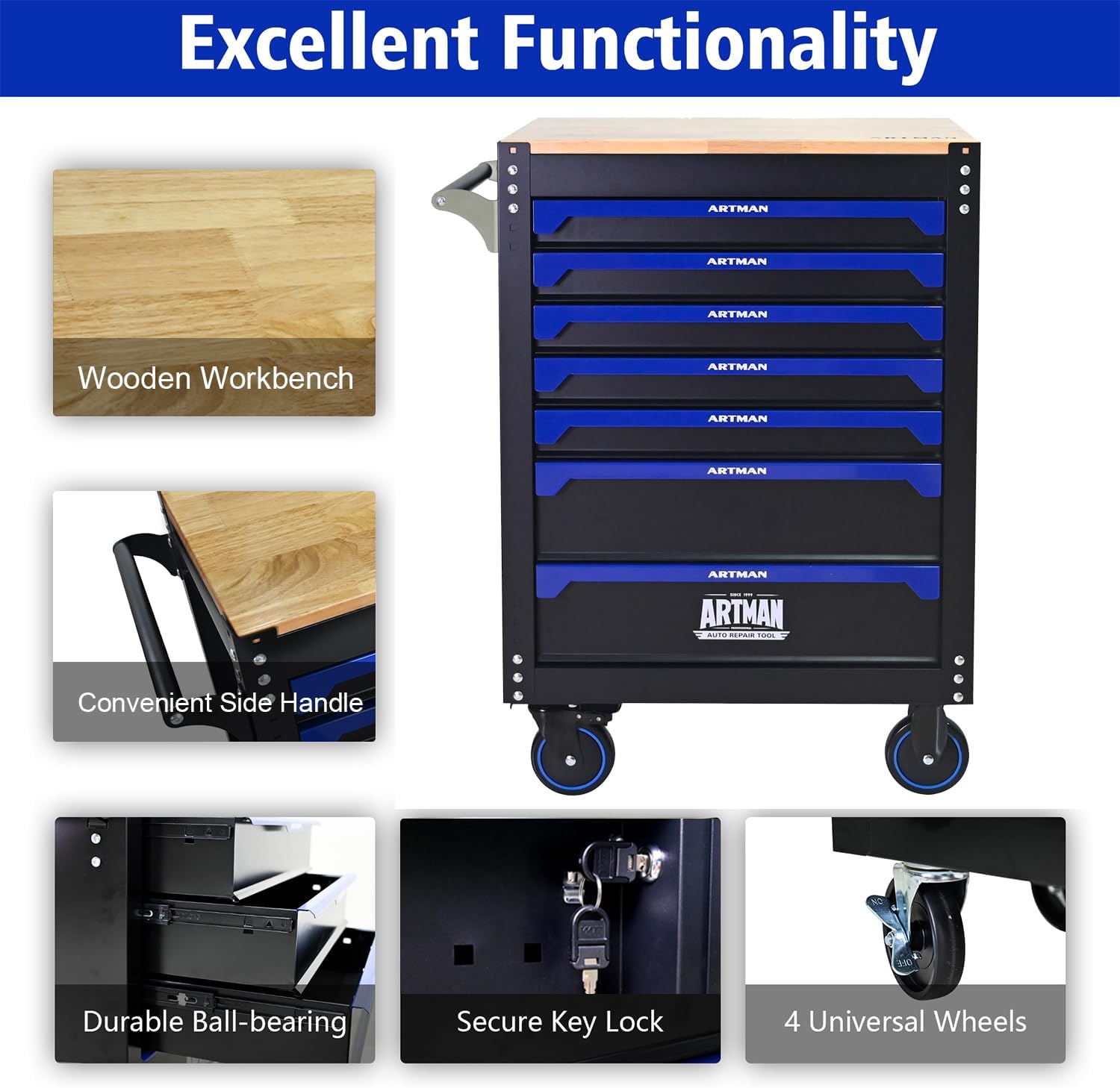 30 inch 7 Drawers Tool Cart on Wheels with Wood Worktop, Heavy Duty Rolling Drawer Tool Chest with Locking System & Locking Wheels for Garage,Warehouse,Requires Assembly (Black&Blue)