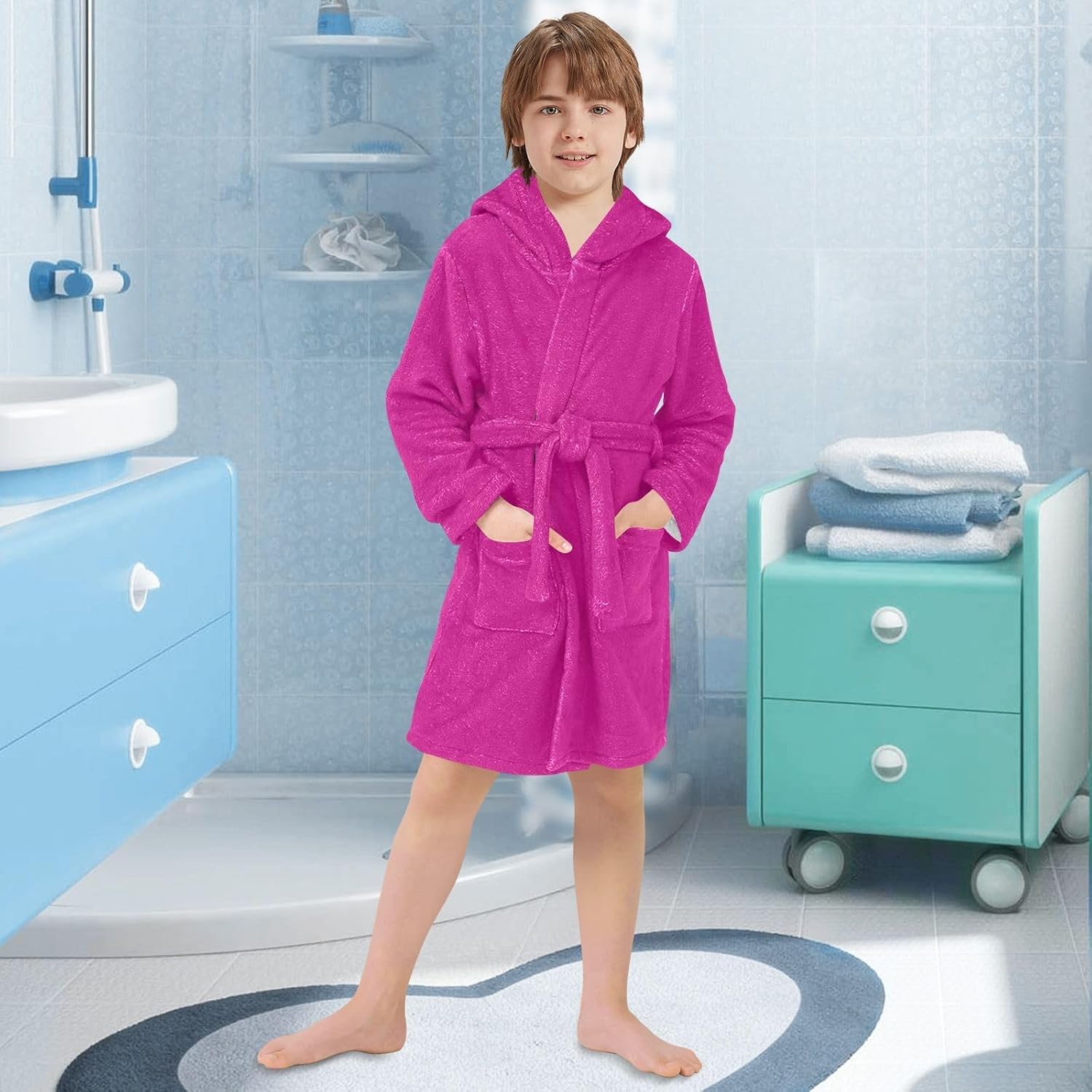 ODAWA Ruby Kids Bathrobe, Plush Soft Hooded Towel Robe for Boys Girls, Quick Dry Bath Wrap with Pockets