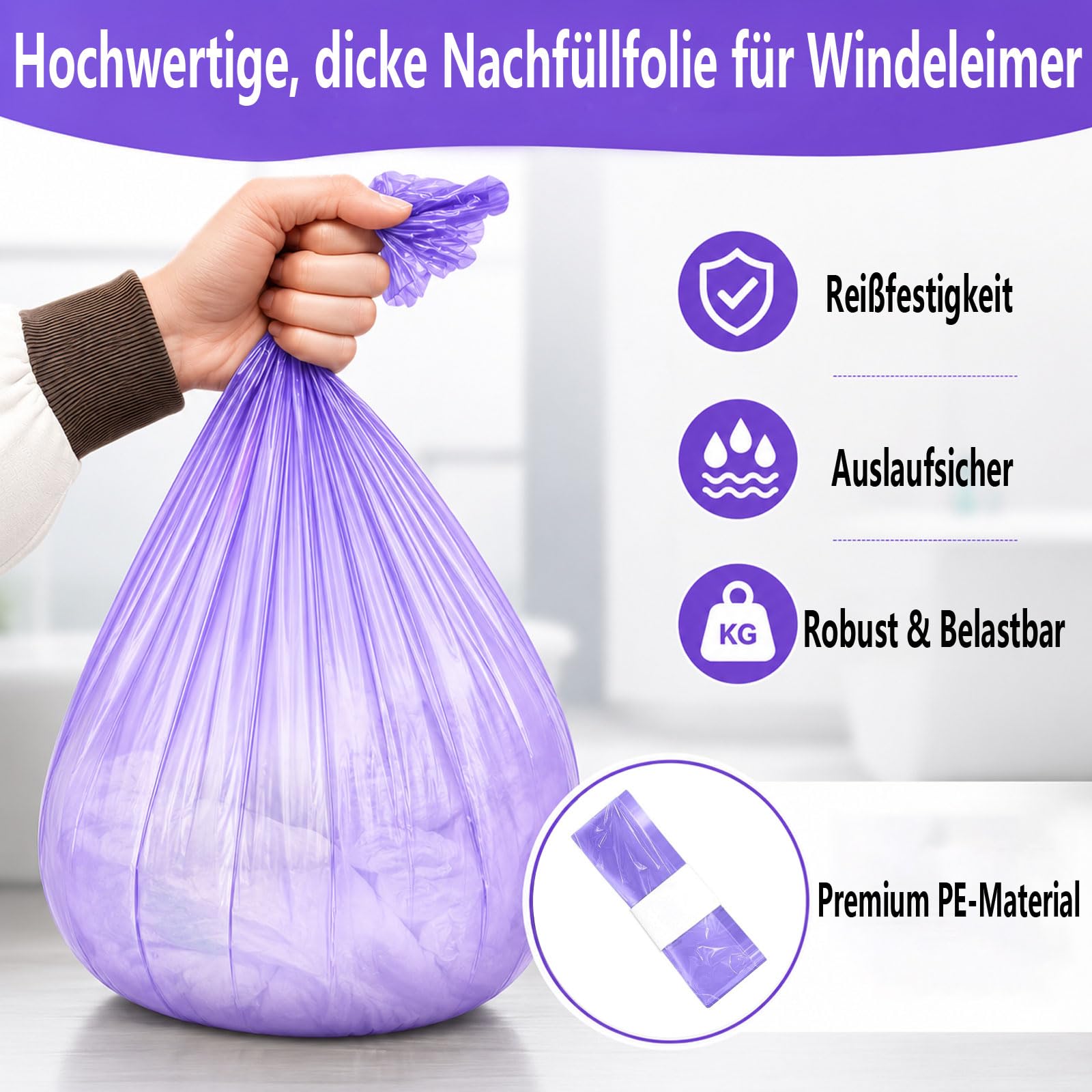 12 Stück Windeleimer Nachfüllkassetten 4,5m Nachfüllfolie, Geruchsdichte Folie passend für gängige Windeleimer Systeme, bis zu 320 Windeln geeignet, auch für Katzenstreu Entsorgungseimer, Lila Violett