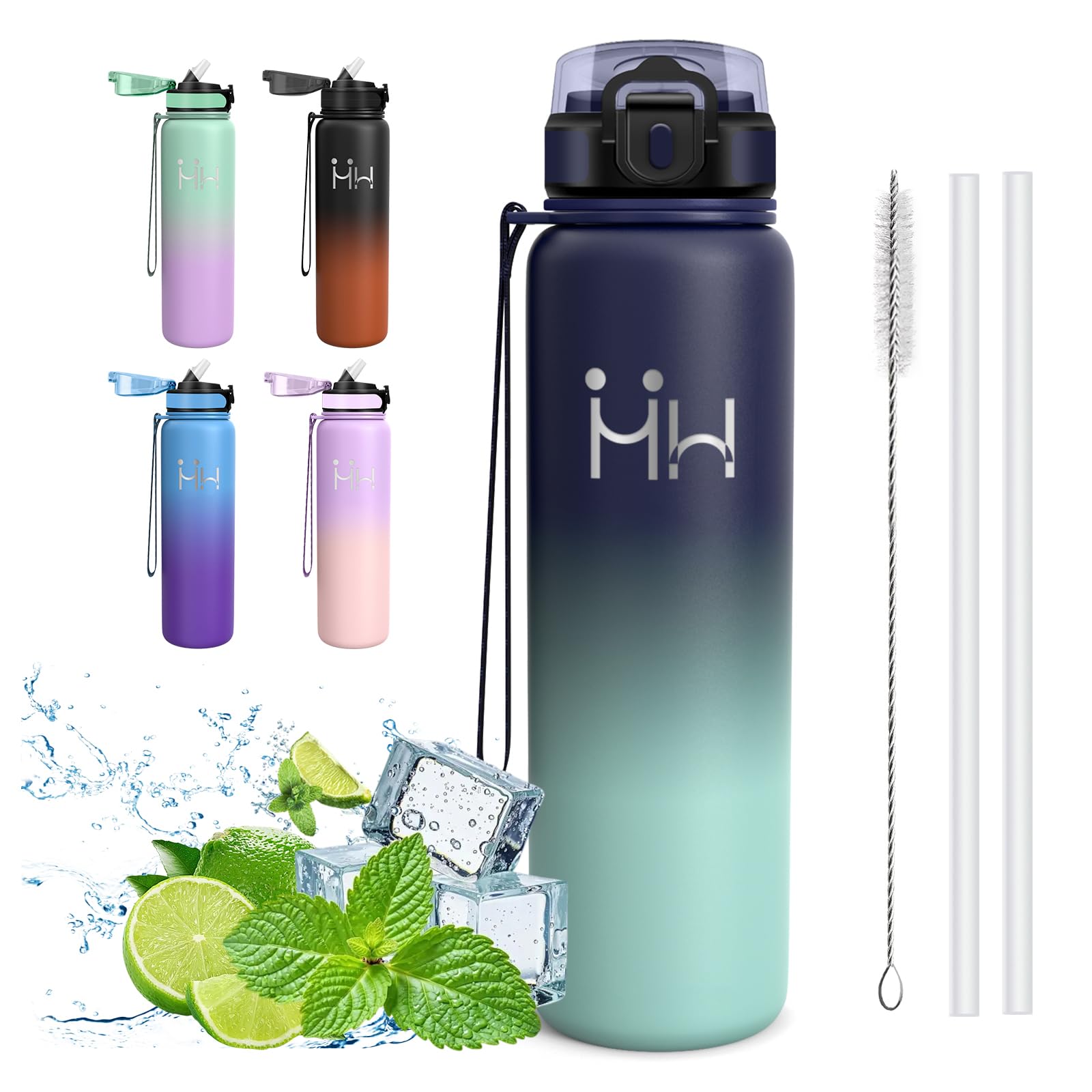 Mujigaga Insulated Water Bottle, 1 Litre Leakless Water Bottle with Straw, Vacuum Insulated, BPA Free with Straw Brush, Water Bottles for Camping, Pilates, Gym