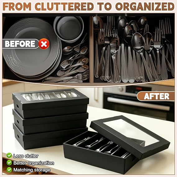 Silverware Storage Box with Lid, 4 Pack Flatware Storage Organizer with Clear Window Lid, 5 Compartment Cutlery Case with Side Handles, Stackable Utensil Organizer Boxes for Kitchen Cabinet, Black