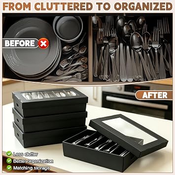 Silverware Storage Box with Lid, 4 Pack Flatware Storage Organizer with Clear Window Lid, 5 Compartment Cutlery Case with Side Handles, Stackable Utensil Organizer Boxes for Kitchen Cabinet, Black