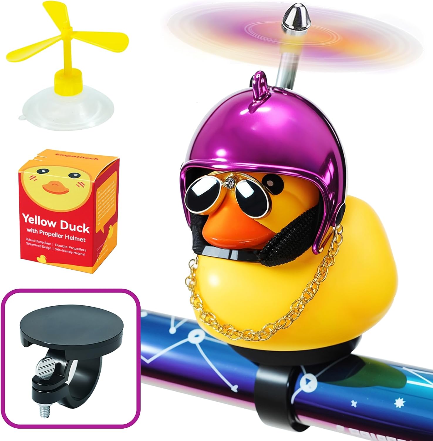 Rubber Duck Bike Decorations [New Stable Clamp Mount] Cute Squeak Duck Bike Bell [Two Helmet Propeller] Funny Bike Accessories e Scooter Accessories Motorcycle Accessories Cycling Gifts