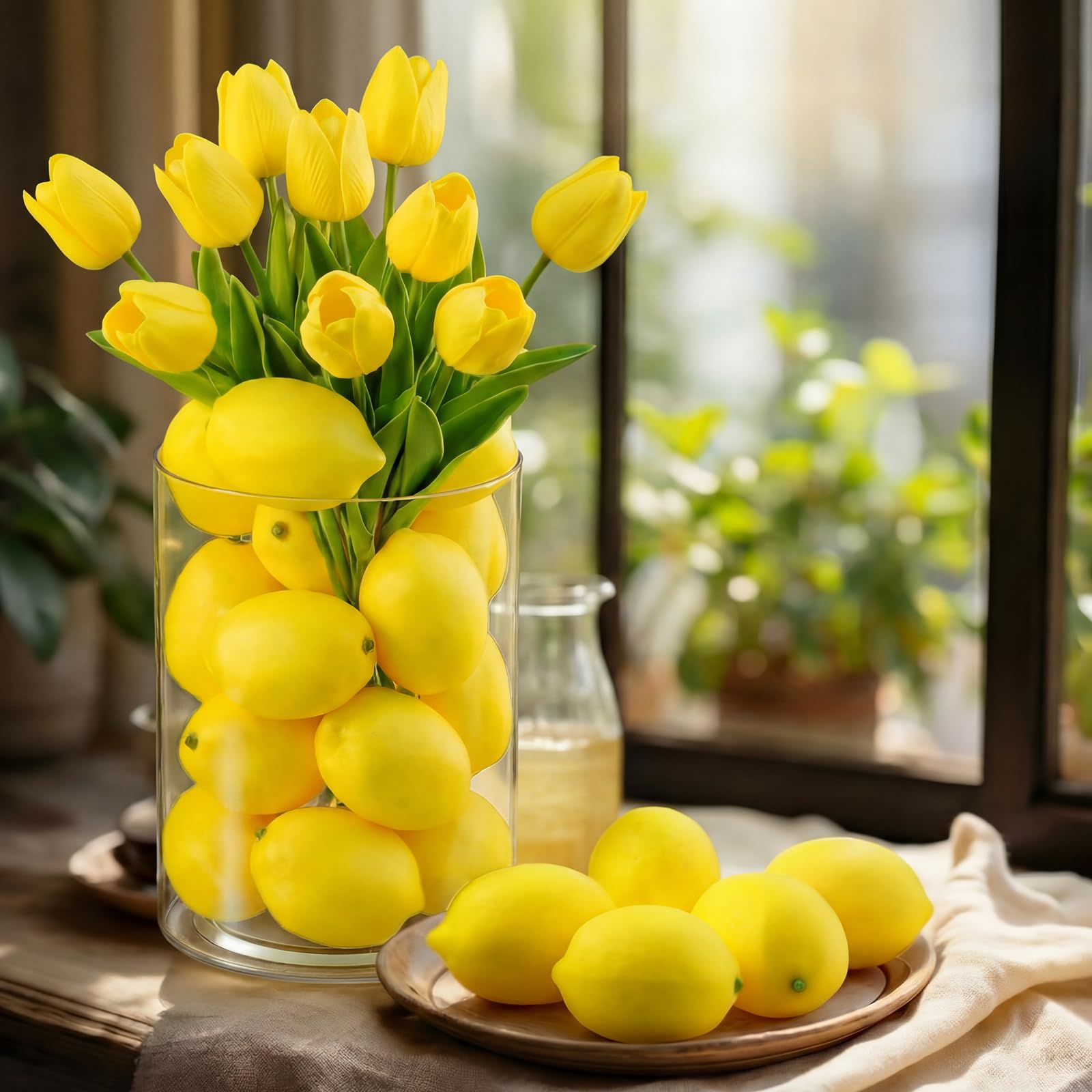 Suncalla Künstliche Zitronen und gelbe Tulpenarrangements, langer Stiel, Zitronenblumen-Dekoration für Zuhause, Bauernhaus, Hochzeit, Tischdekoration, Frühlings- und Sommerdekoration, 30 Stück