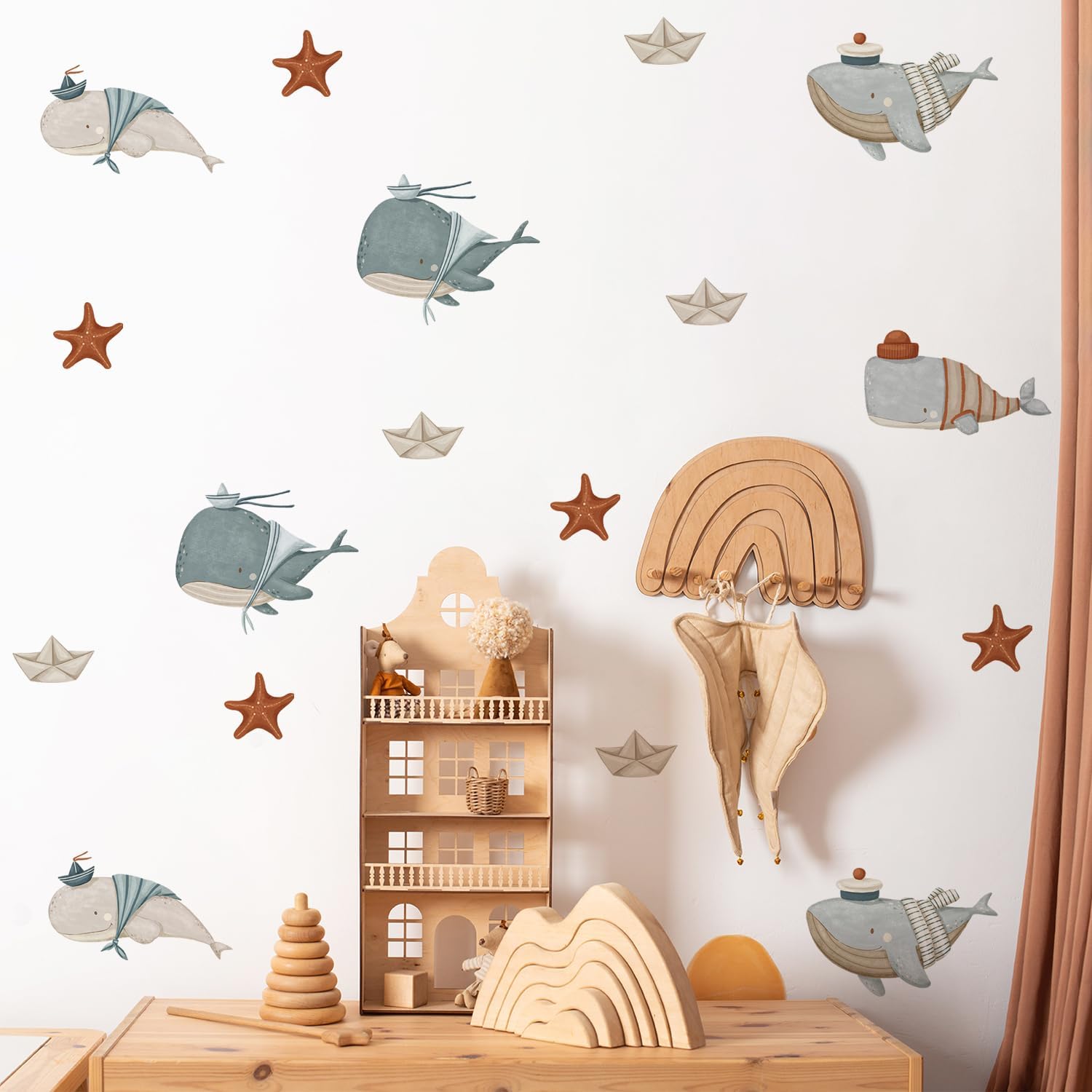 Whale Wall Decals, 36 PCS Ocean Theme Nursery Wall Stickers for Kids Room, Removable & Reusable Sea Animal Wall Decor for Bedroom, Playroom, Furniture, Doors, Glass, 12 Sheets