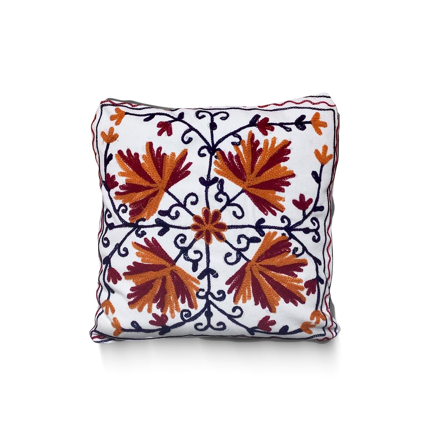 Shabeena Kashmiri Crewel Work Cushion Cover : Chinar Patta (Orange & Black, 16"x16")