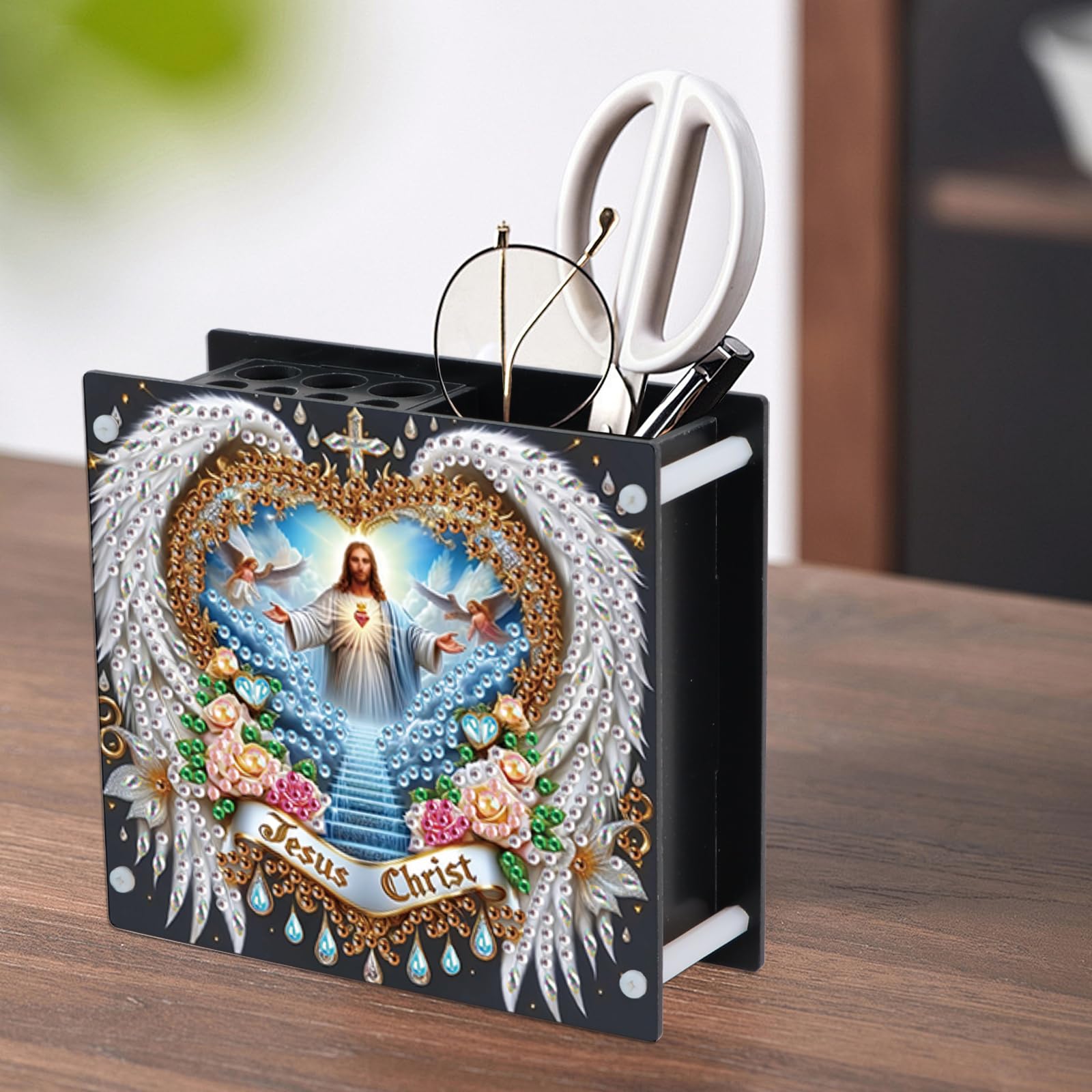 SHEGZHUC 13 x 11.8 cm Diamond Painting Pen Holder Desk Jesus Christ Organiser Diamond Painting Pens Organiser Pen Holder Brush Holder Special Stones Gifts for Office School Household - Image 4