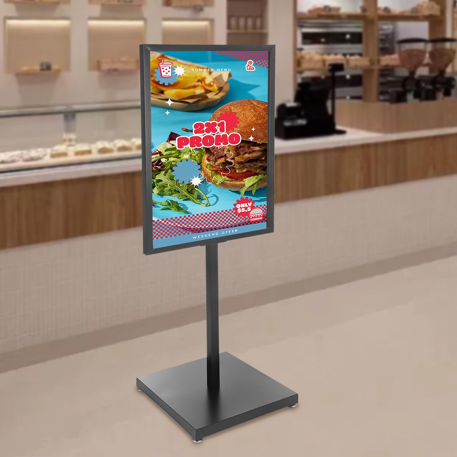 Soporte para carteles, 90 x 65 cm, soporte de suelo, soporte para carteles, expositor publicitario, adecuado para carteles y anuncios de hasta un grosor de 5 mm