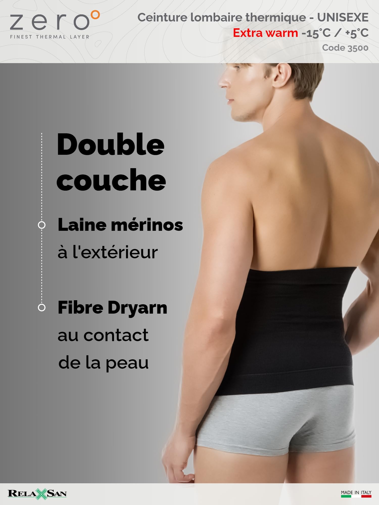 Relaxsan Zero 3500 (Noir, XXL) Ceinture Lombaire Thermique Unisexe Chaude Douce Laine mérinos
