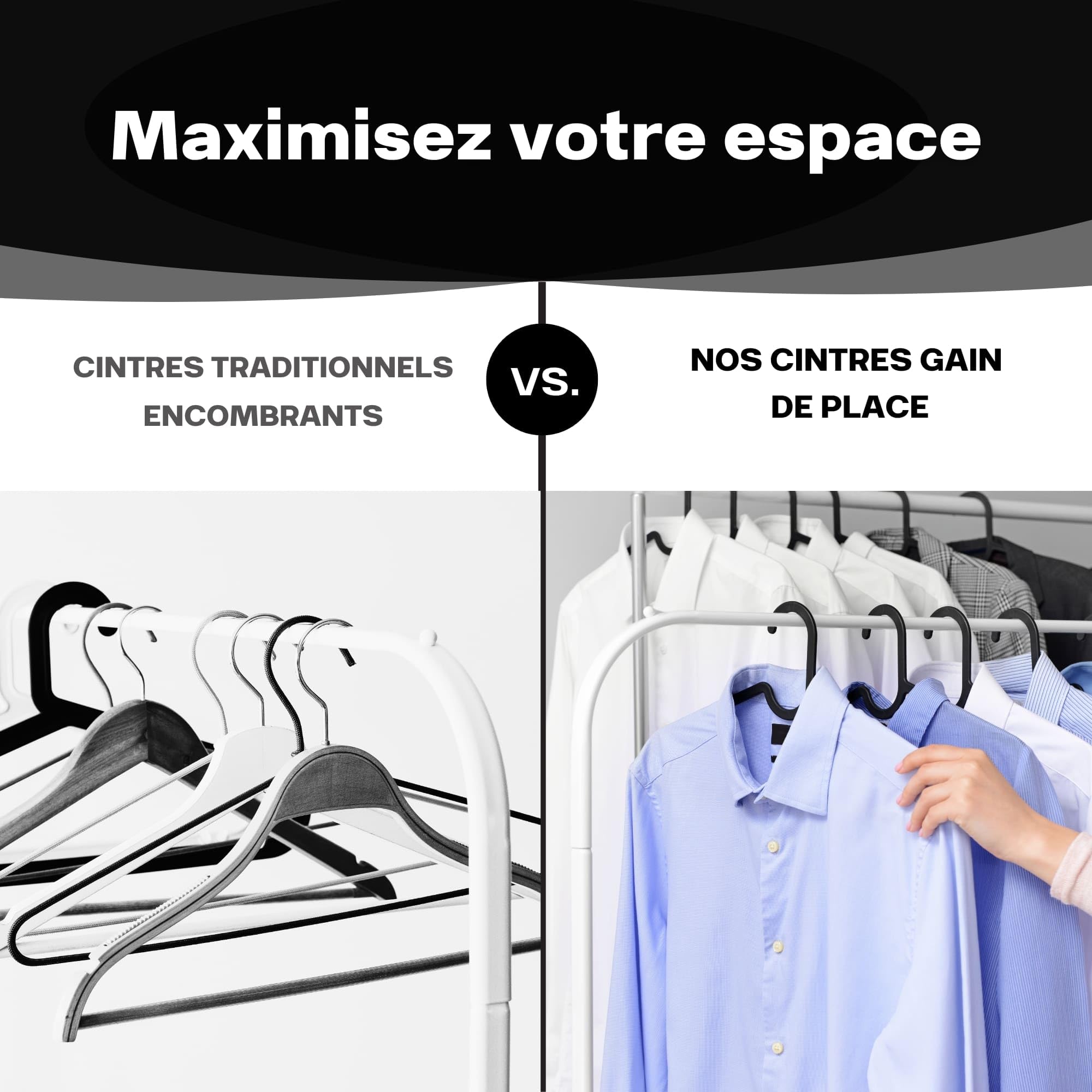 Lot de 100 cintres noirs robustes, crochets pivotants 360°, multifonctions en plastique de qualité supérieure, antidérapants, 100% matériaux recyclés