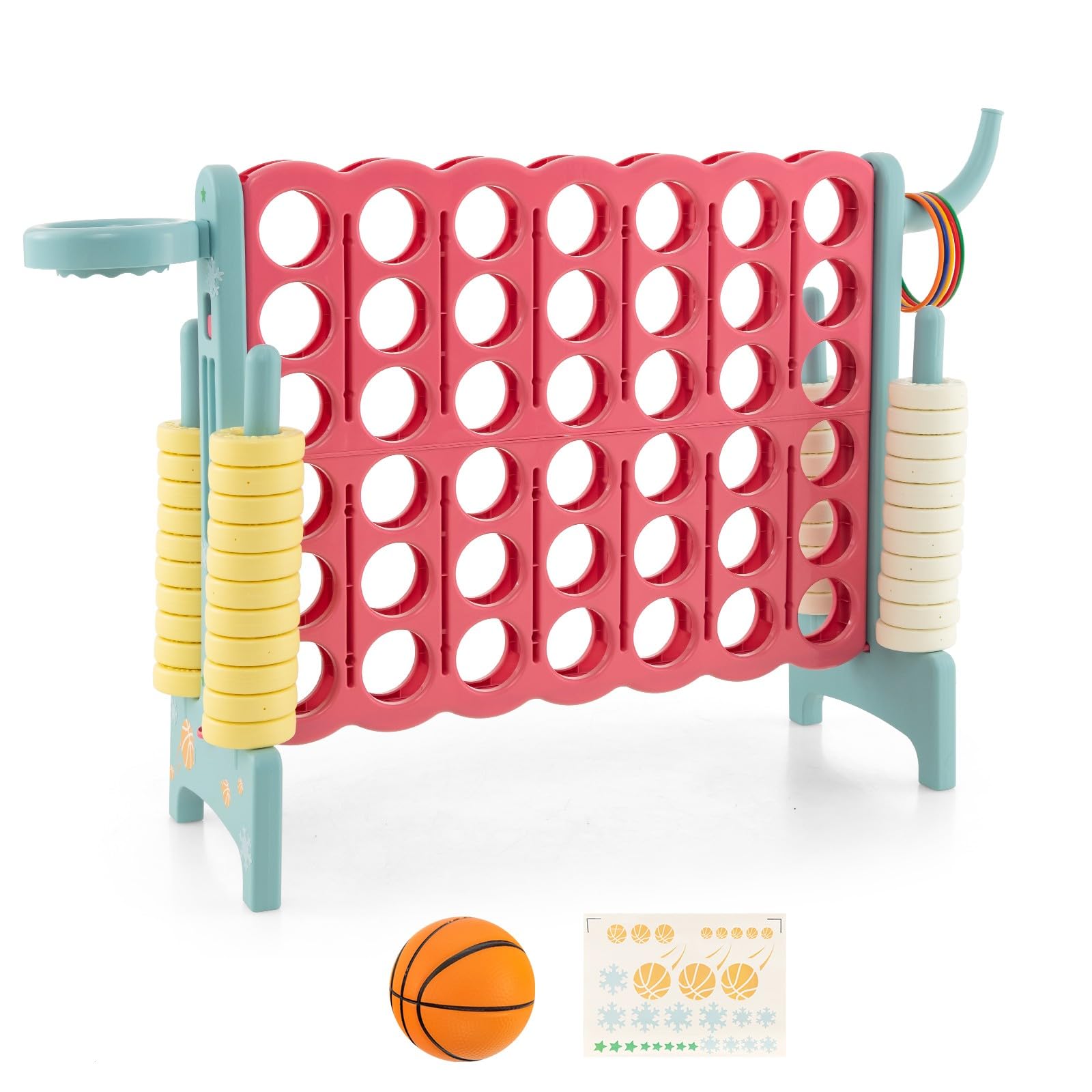 KOTEK Giant 4-in-a-Row Game, Jumbo 4-to-Score Family Game w/Quick-Release Sliders, 42 Rings, Ring Toss & Basketball Hoop, Connect Yard Game Outdoor