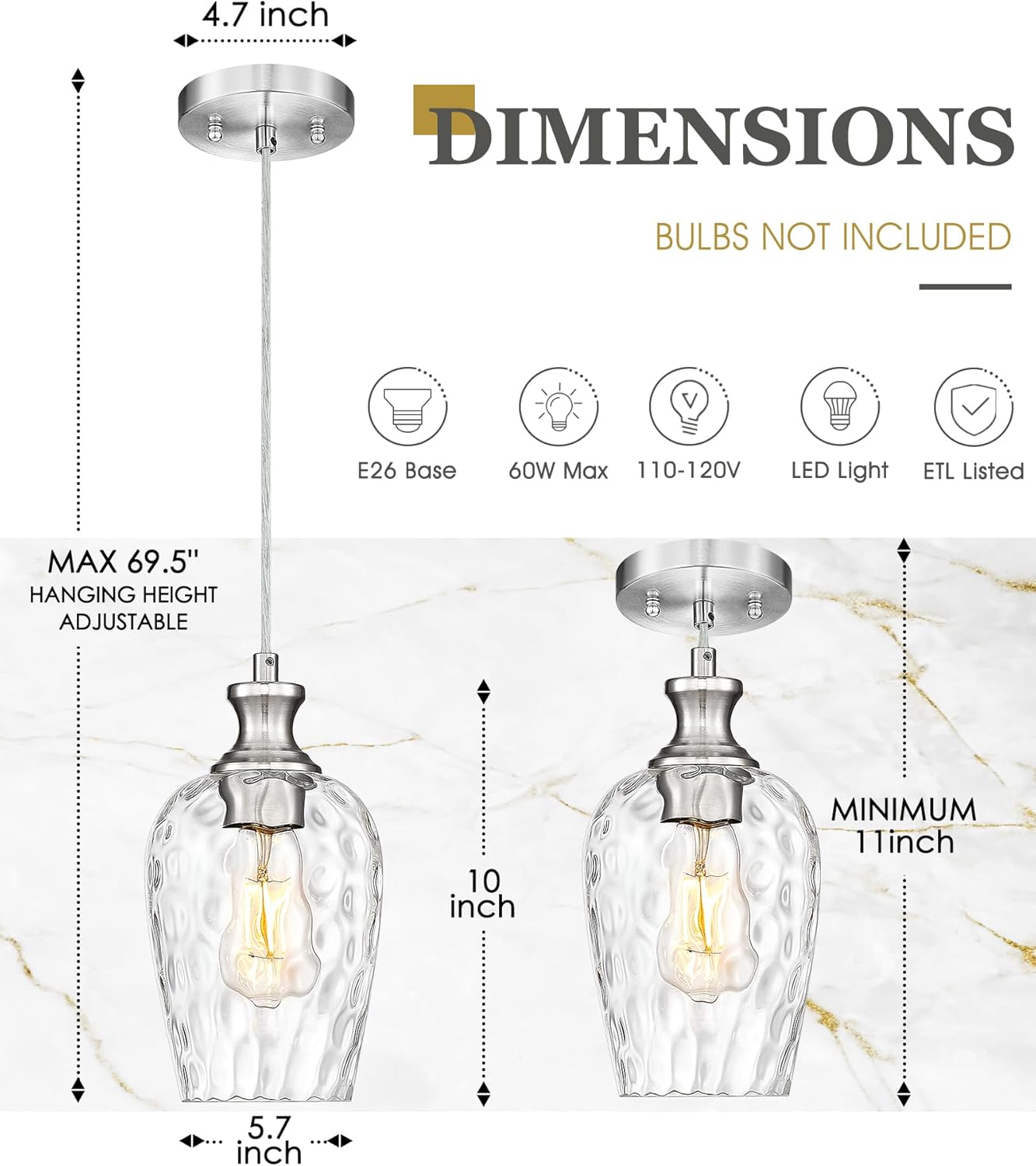 Pendant Lights Kitchen Island, Modern Brushed Nickel Hanging Lights Fixtures with Hand-Blown Hammered Clear Glass, Farmhouse Kitchen Island Lighting Over Sink, AD-24027-1P-SN