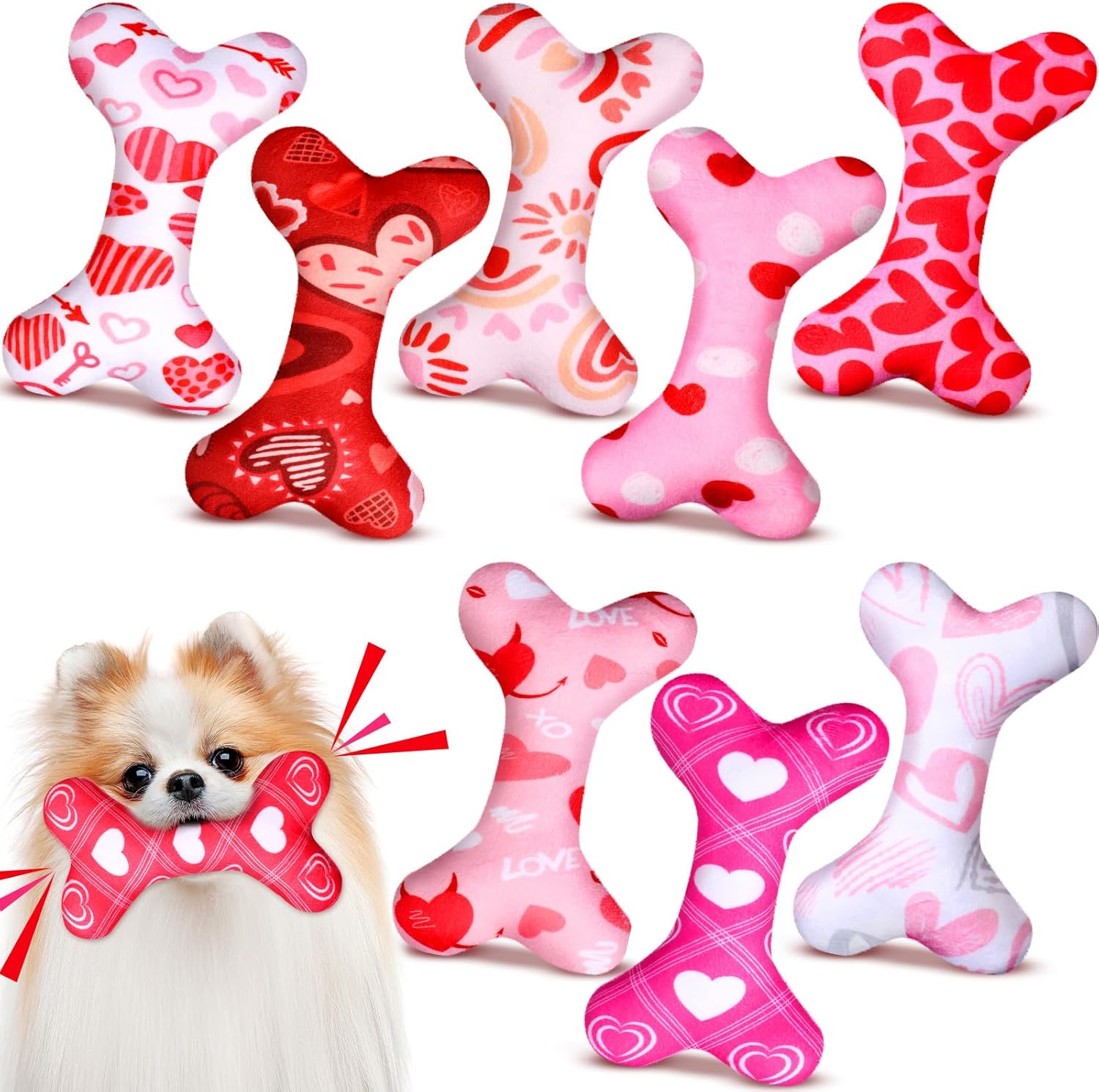 VioraWhite 8 Pcs Toys for Dogs Squeaky Bone Shaped Funny Toys Birthday Gift for Small Medium Large Sized Dogs, 6.1" x 3.8"(Valentine)