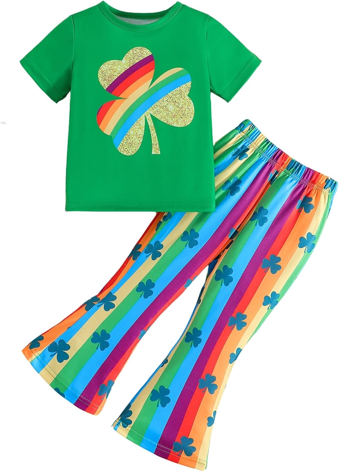 Girls St Patricks Day Outfit Toddler Girls Shamrocks Rainbow Print T-shirt and Flared Pants Clothes Set